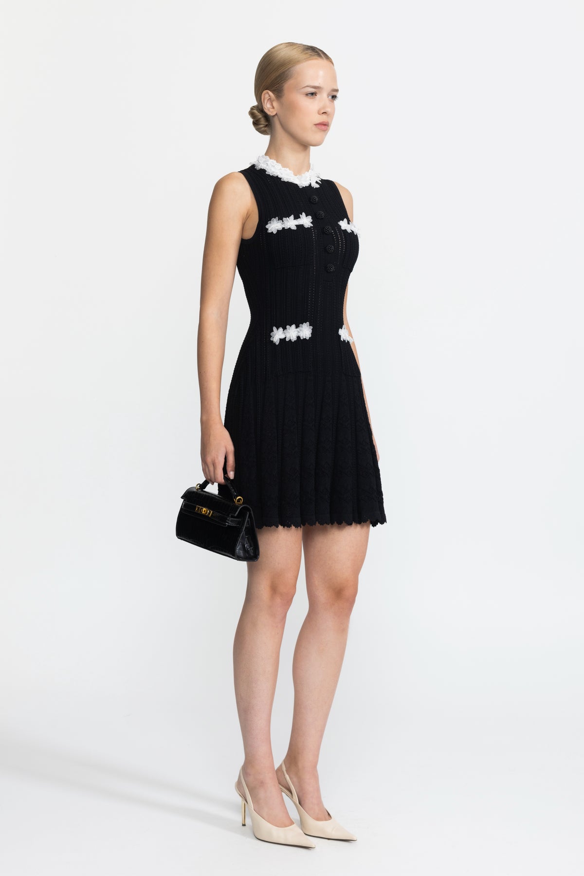 Organza Flower Trim Pointelle Knit Mini Dress - Black