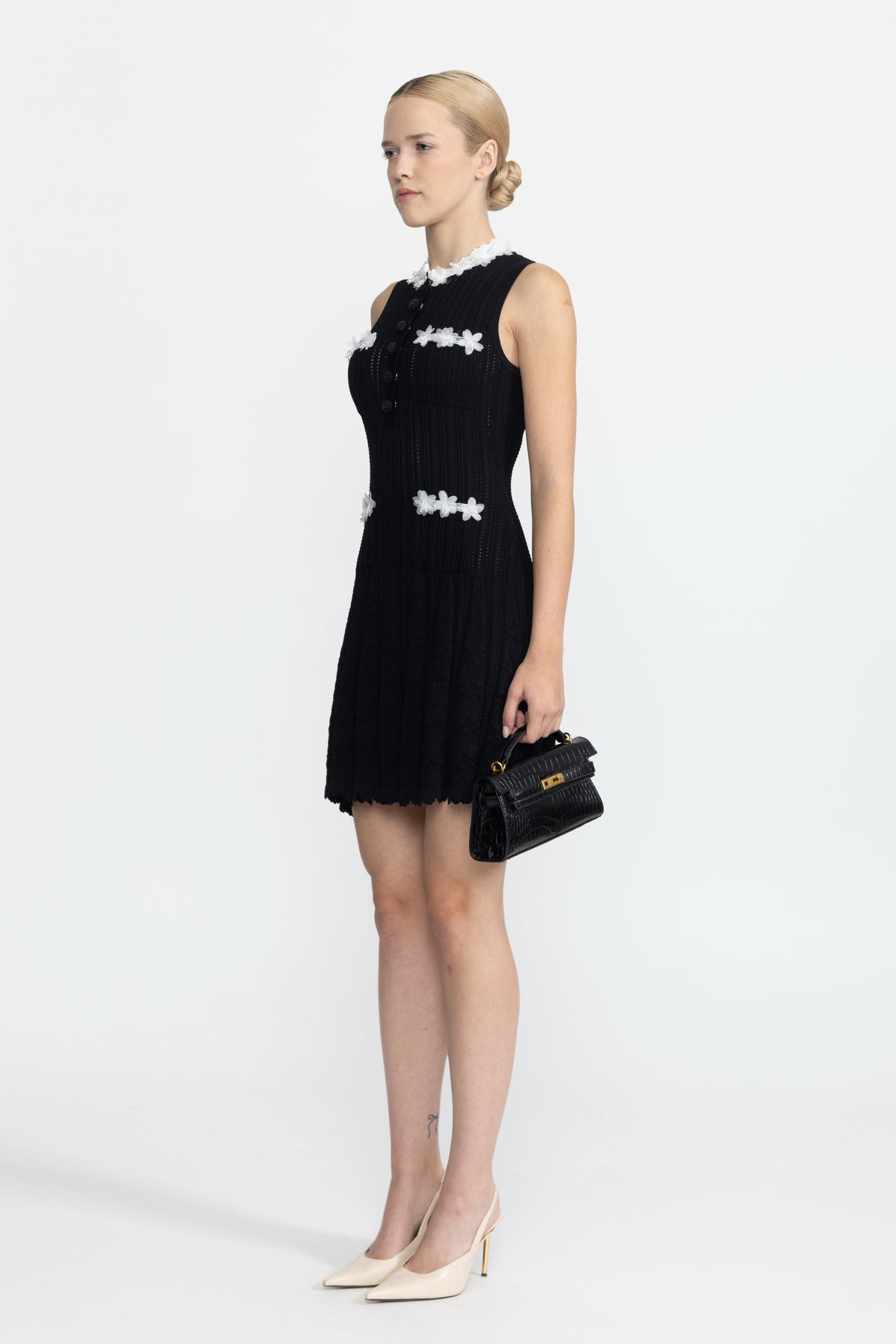Organza Flower Trim Pointelle Knit Mini Dress - Black