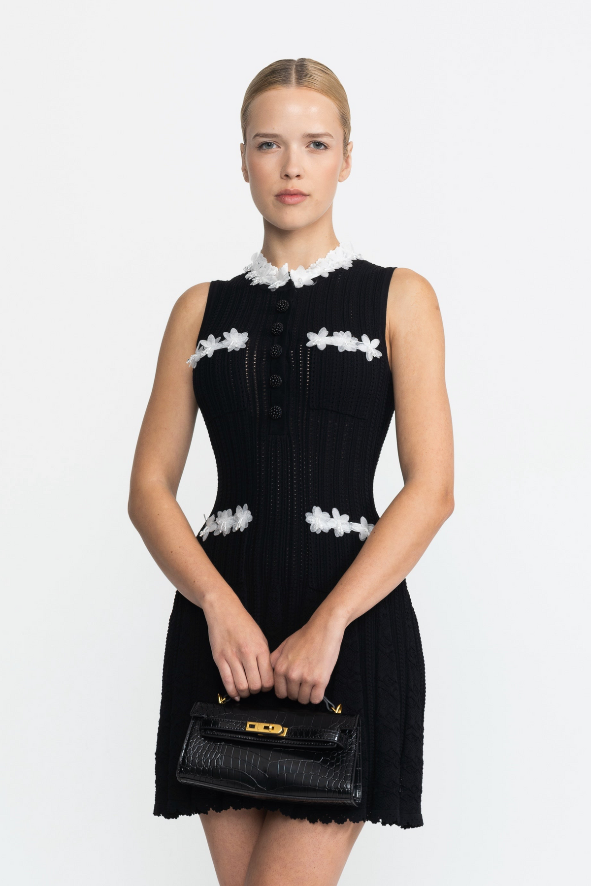 Organza Flower Trim Pointelle Knit Mini Dress - Black