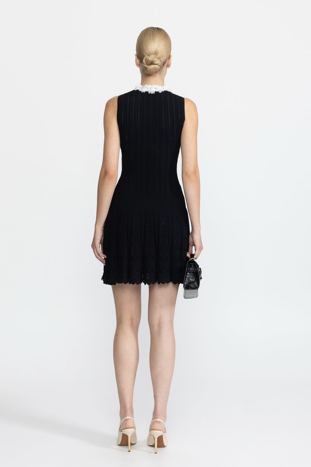 Organza Flower Trim Pointelle Knit Mini Dress - Black