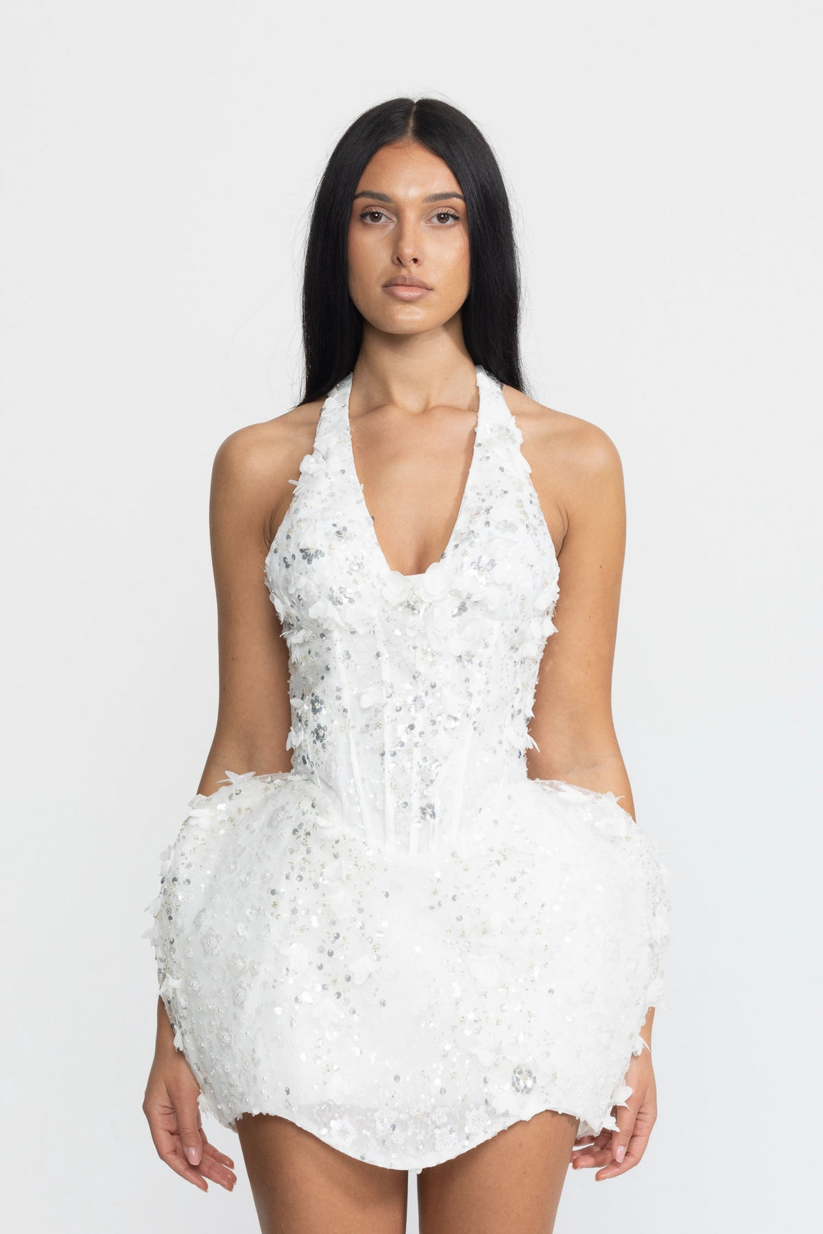 Sequin Flower Halter Corset Bubble Mini Dress - White