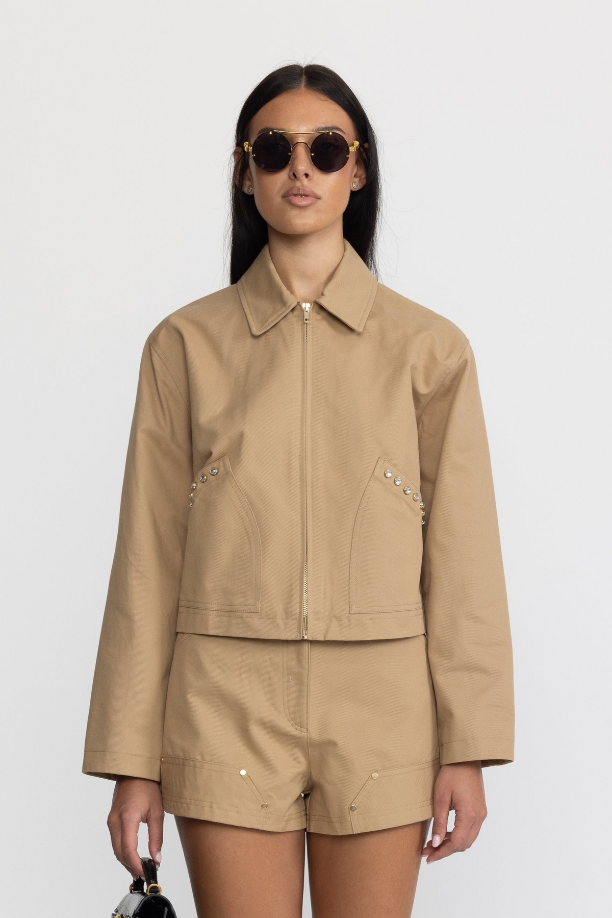 Crystal Stud Cropped Canvas Zip Jacket - Khaki