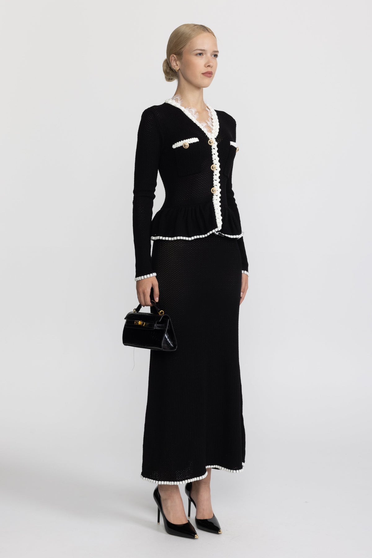 Lace Trim Crochet Knit Peplum Maxi Dress - Black