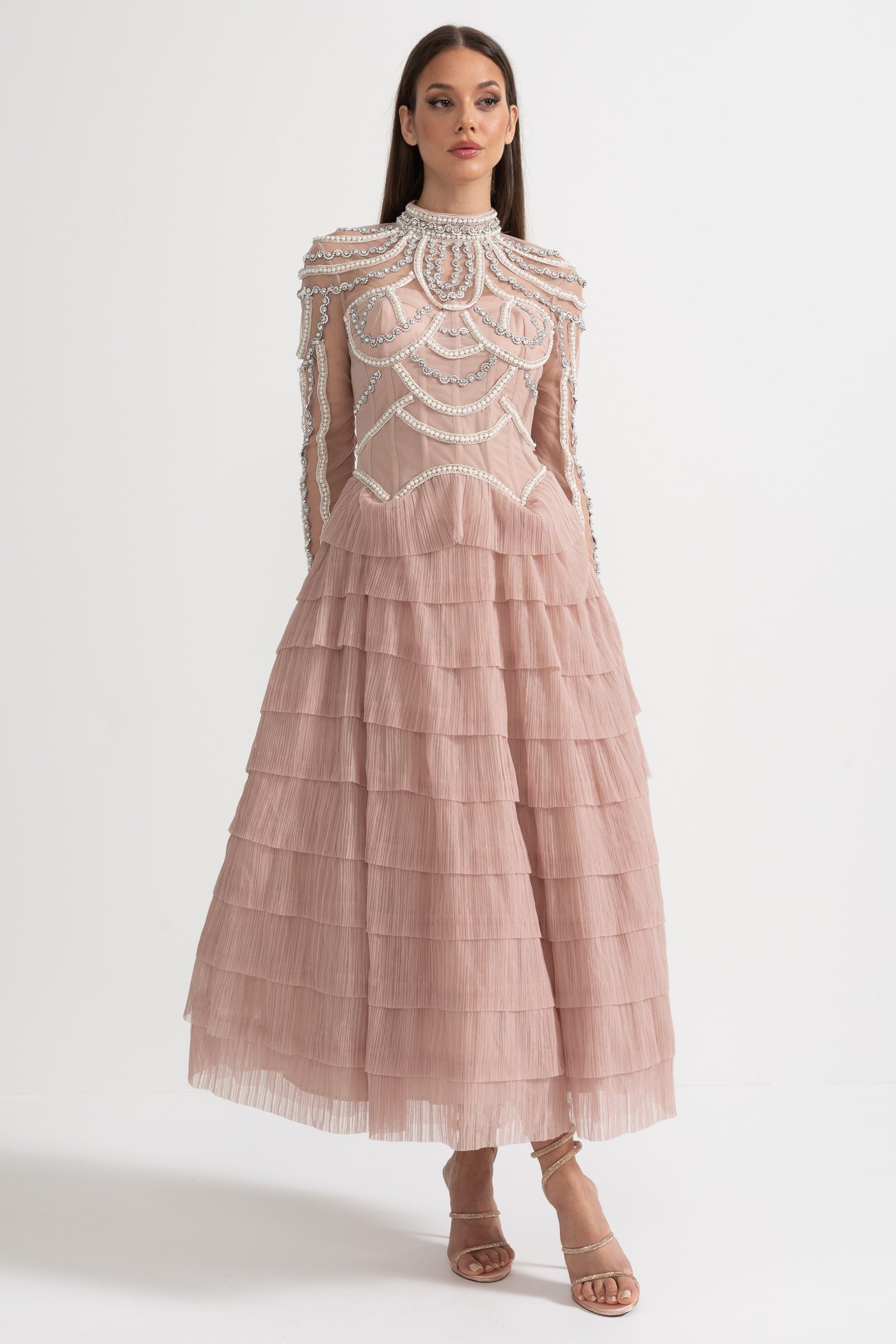 فستان أنيق بأكمام طويلة وتنورة بطبقات كشكش وزخارف متلألئة متقنة - وردي 