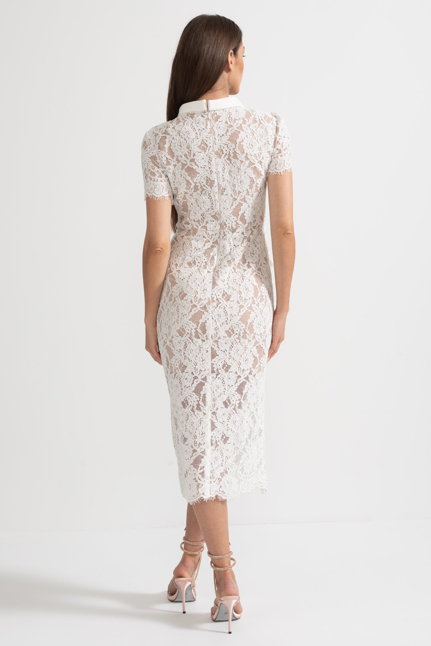 Elegant Short Sleeve Lace Dress With Matching Waist Belt - White
