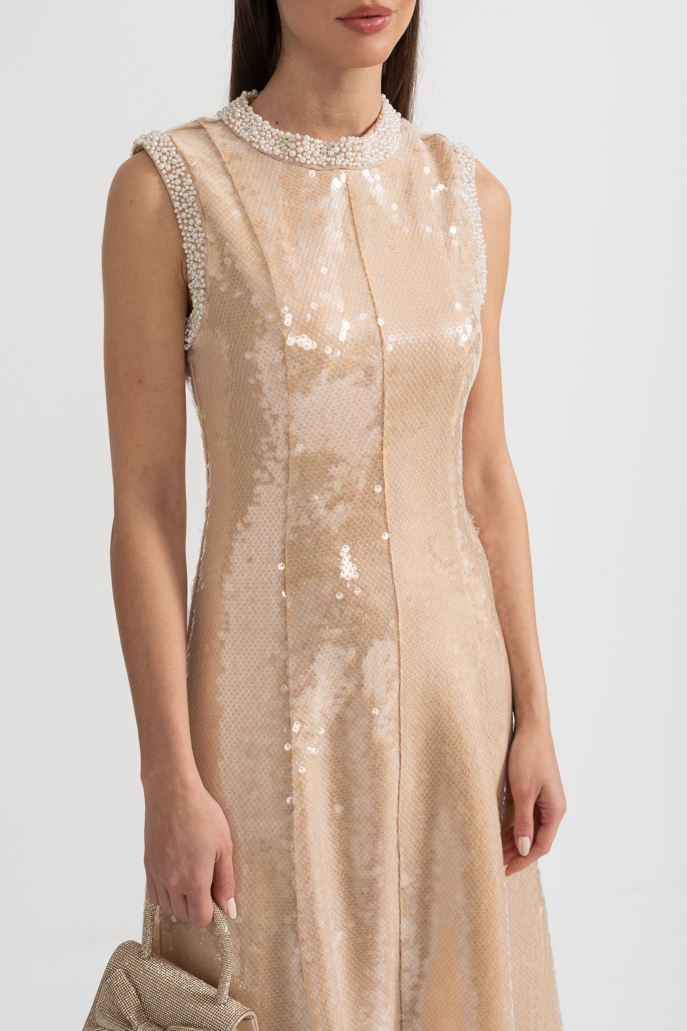 Elegant Sequin Dress With White Pearl Embellishments - Beige