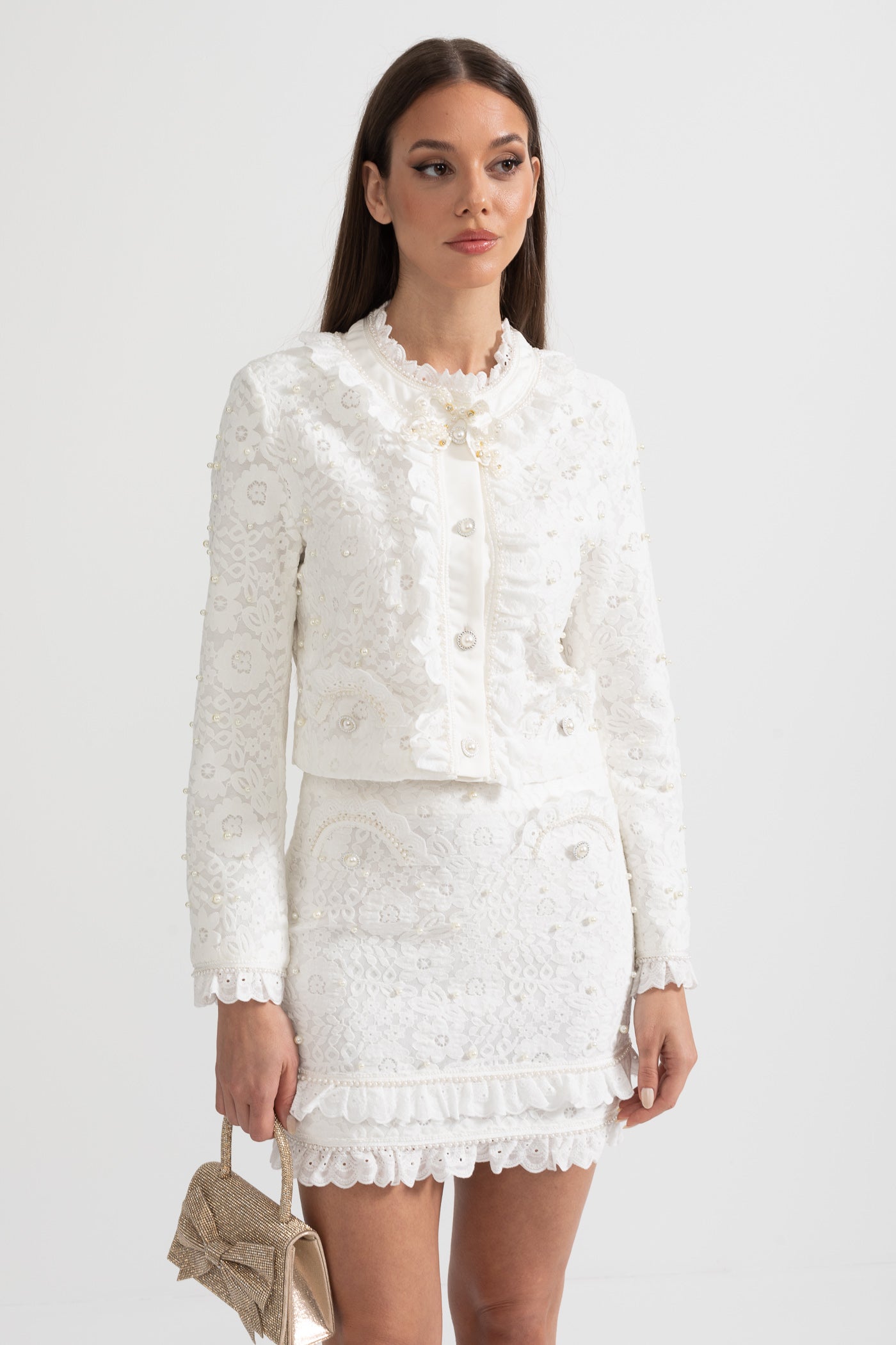 Elegant Two-Piece Ensemble With Exquisite Pearl Embellishments - White