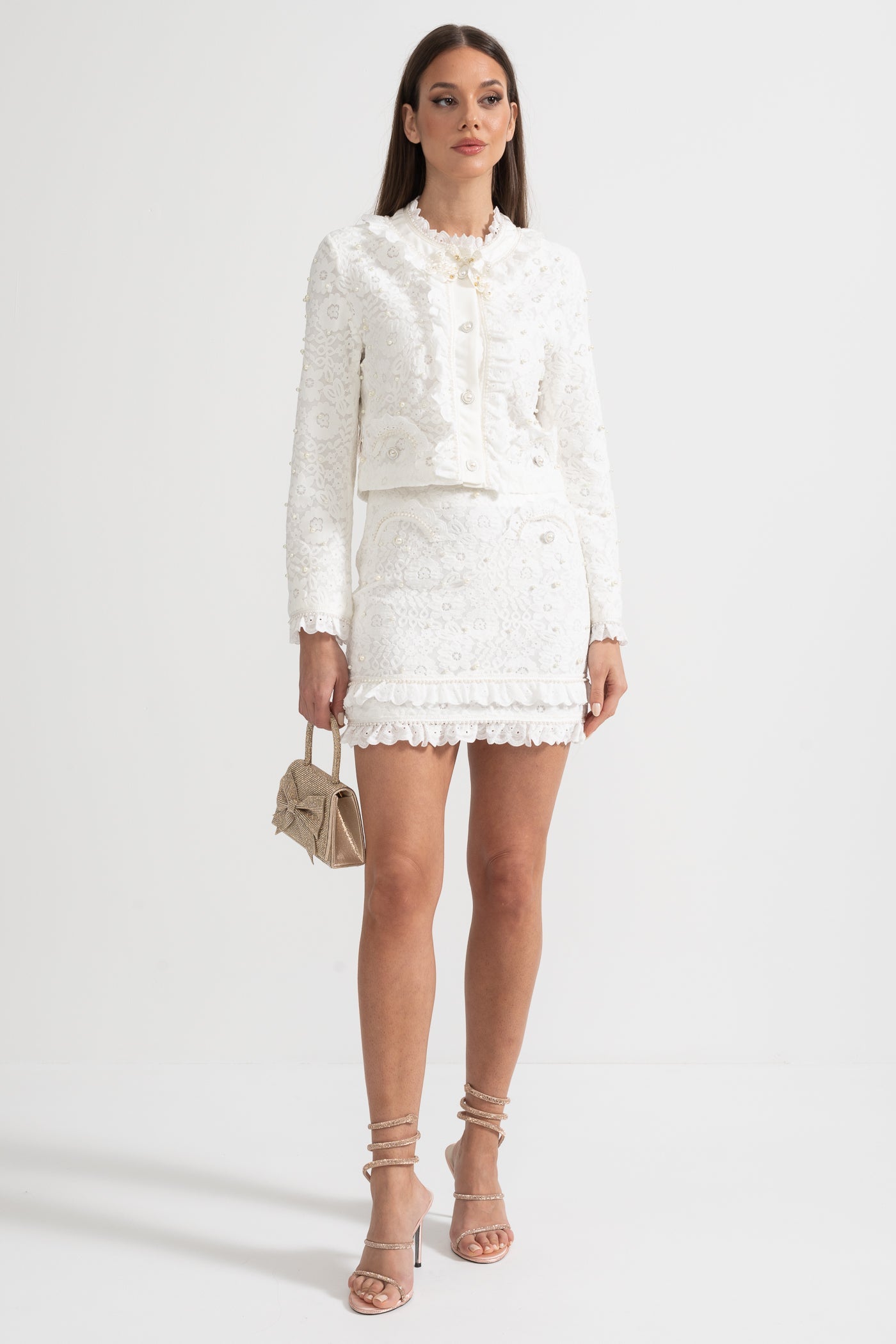 Elegant Two-Piece Ensemble With Exquisite Pearl Embellishments - White