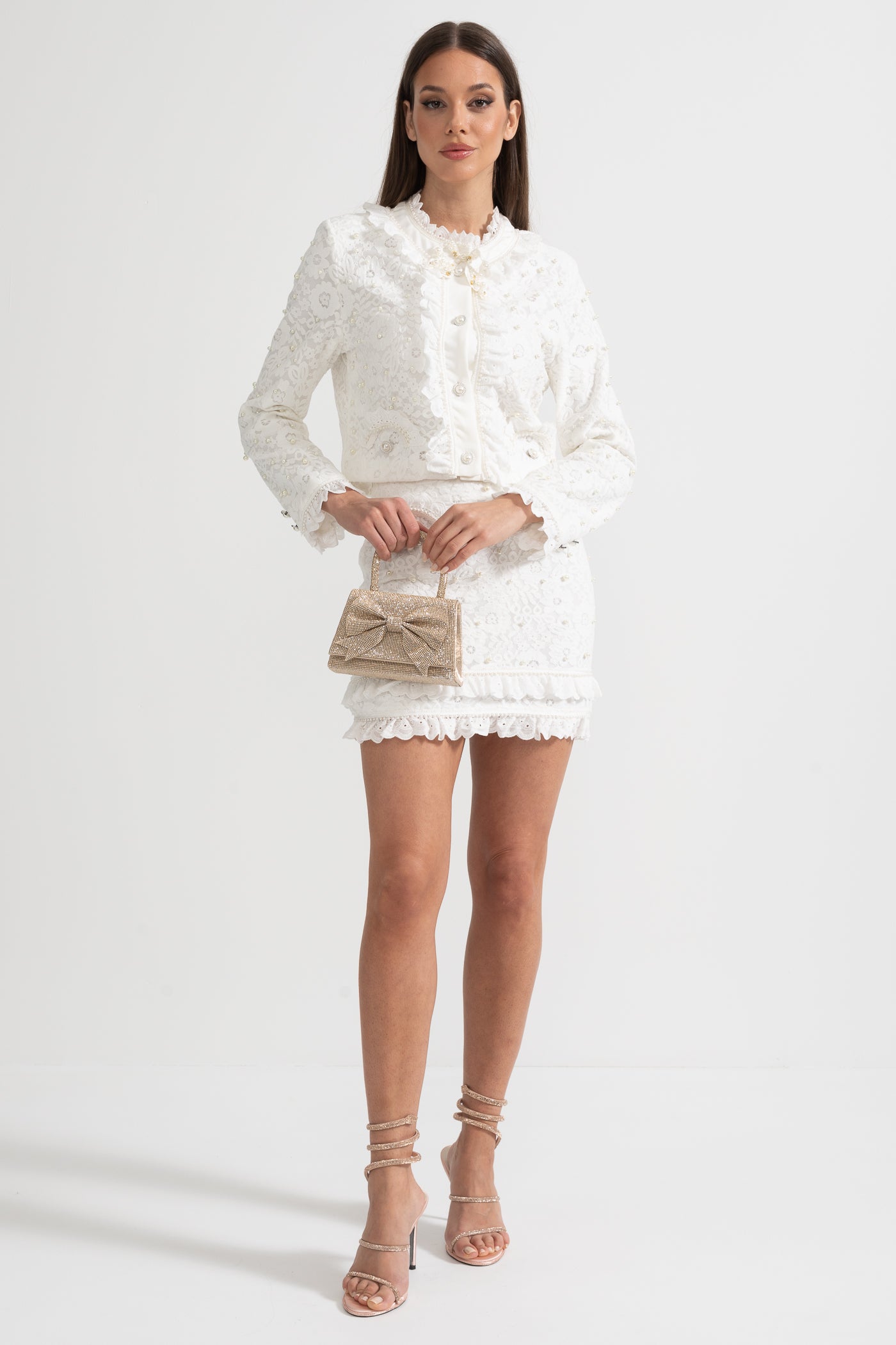 Elegant Two-Piece Ensemble With Exquisite Pearl Embellishments - White