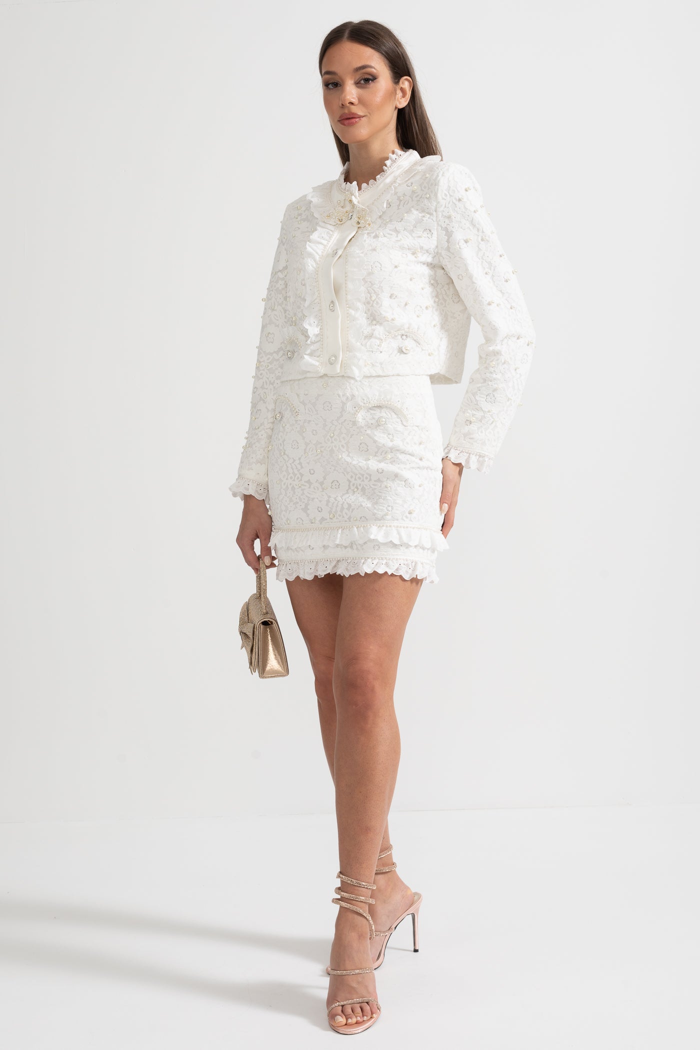 Elegant Two-Piece Ensemble With Exquisite Pearl Embellishments - White