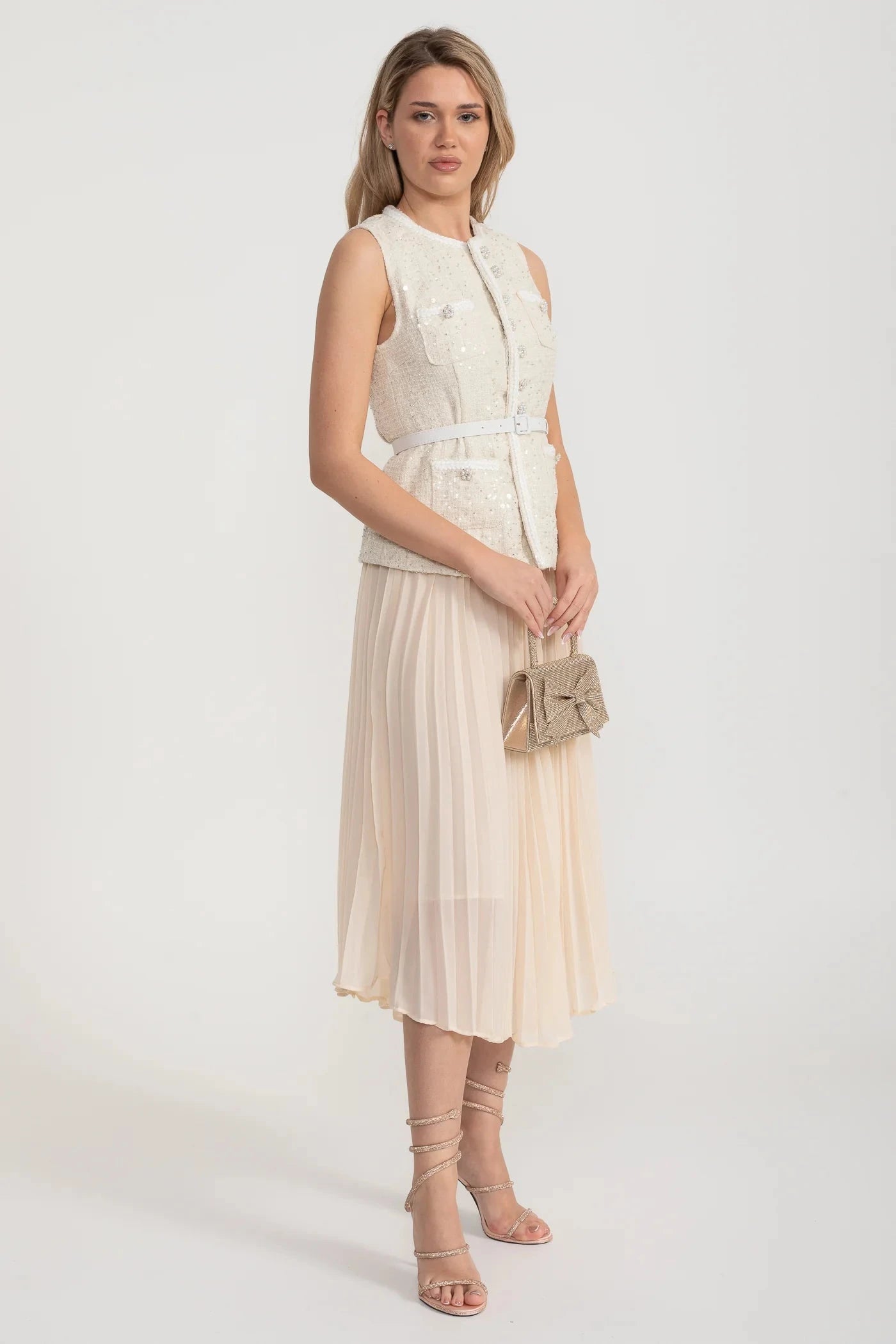 Textured Co-Ord With Front Pockets And Sheer Pleated Skirt - Ivoire