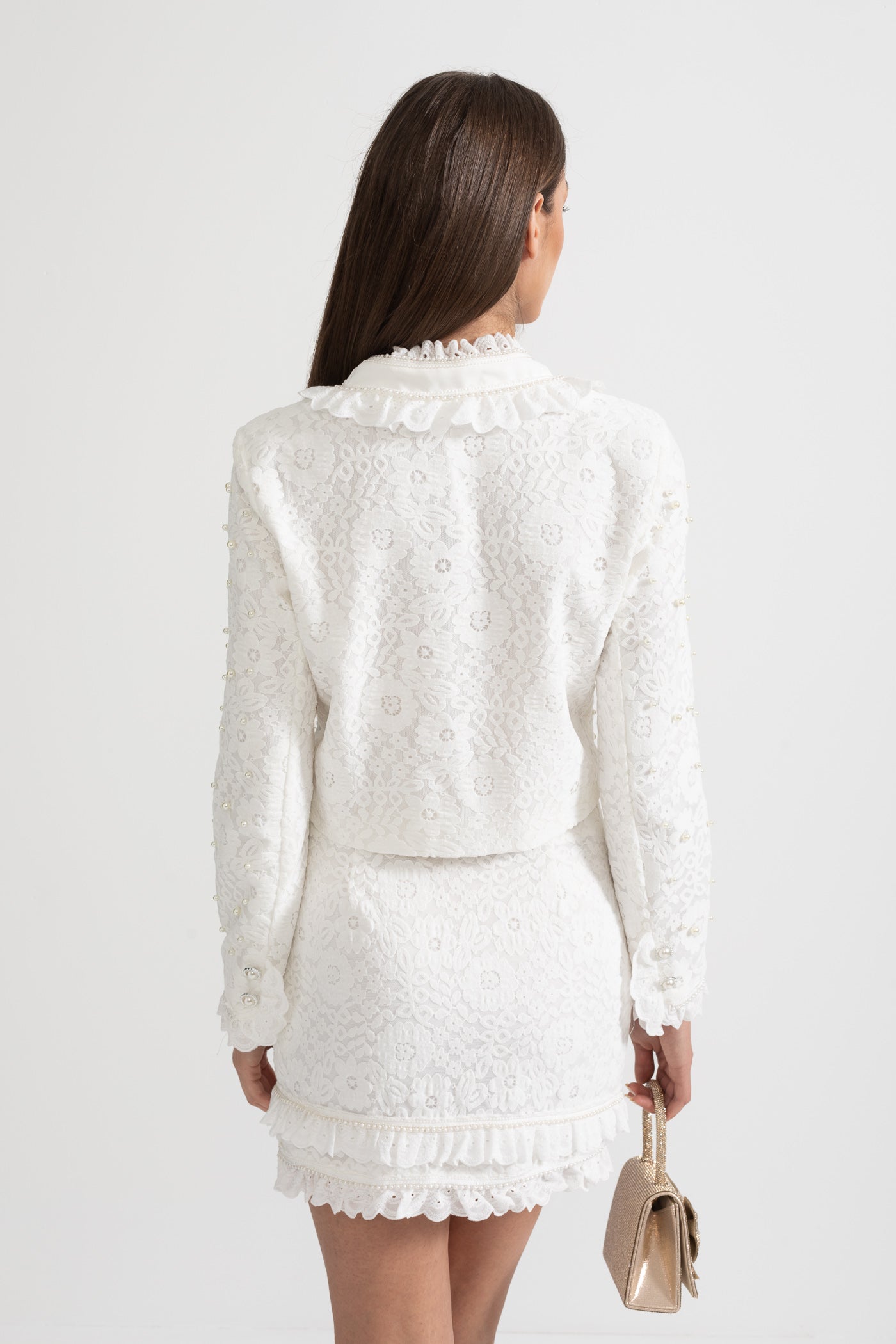 Elegant Two-Piece Ensemble With Exquisite Pearl Embellishments - White