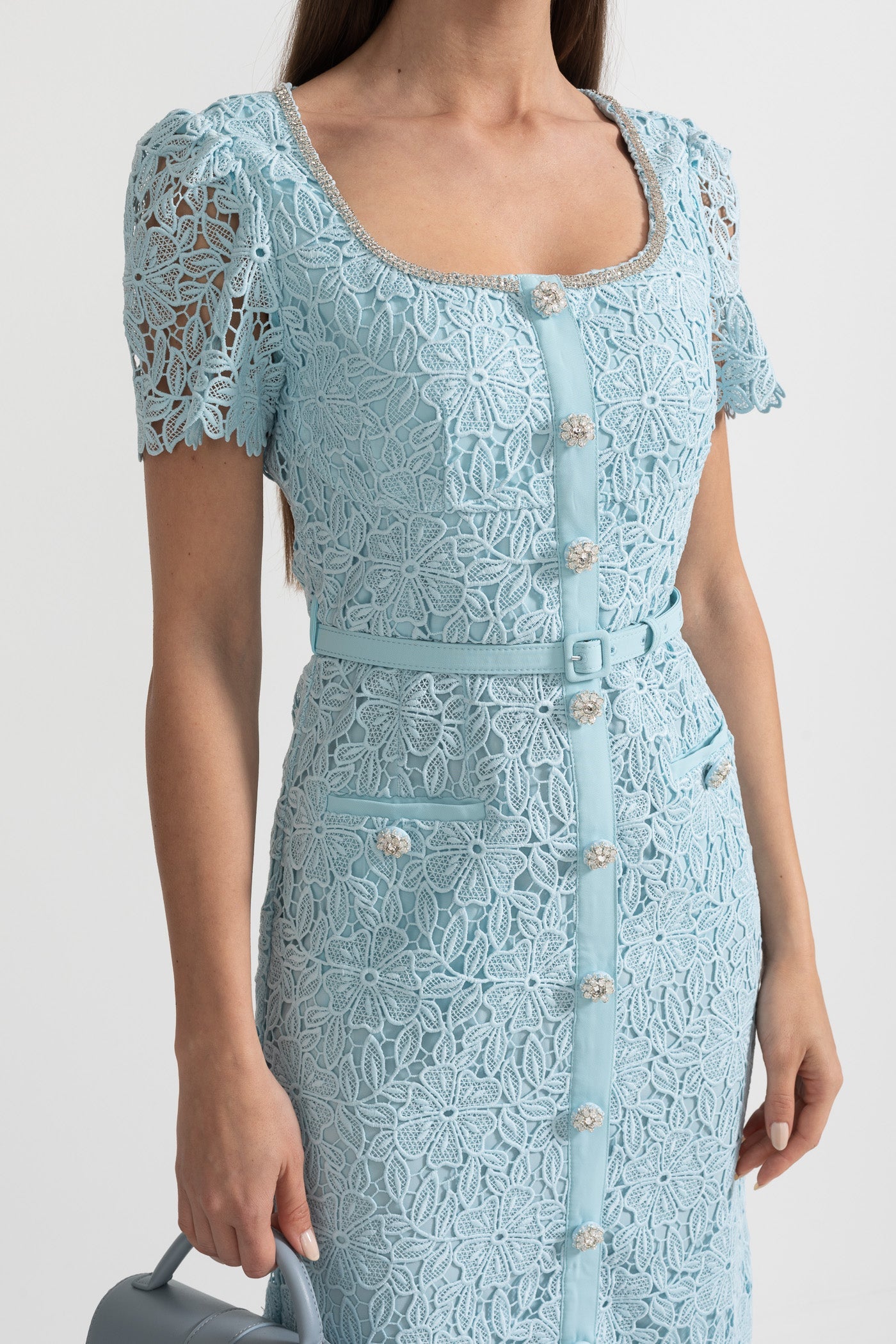 Delicate Azure Lace Midi Dress - Baby Blue