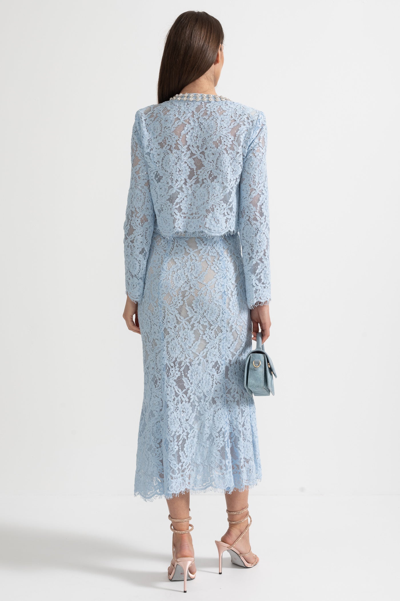 Lace Co-Ord With Sparkling Neckline Embellishments And Midi Skirt - Blue