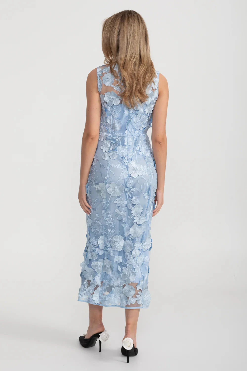 Sheer Dress With Fitted Waist And Floral Appliques - Light Blue