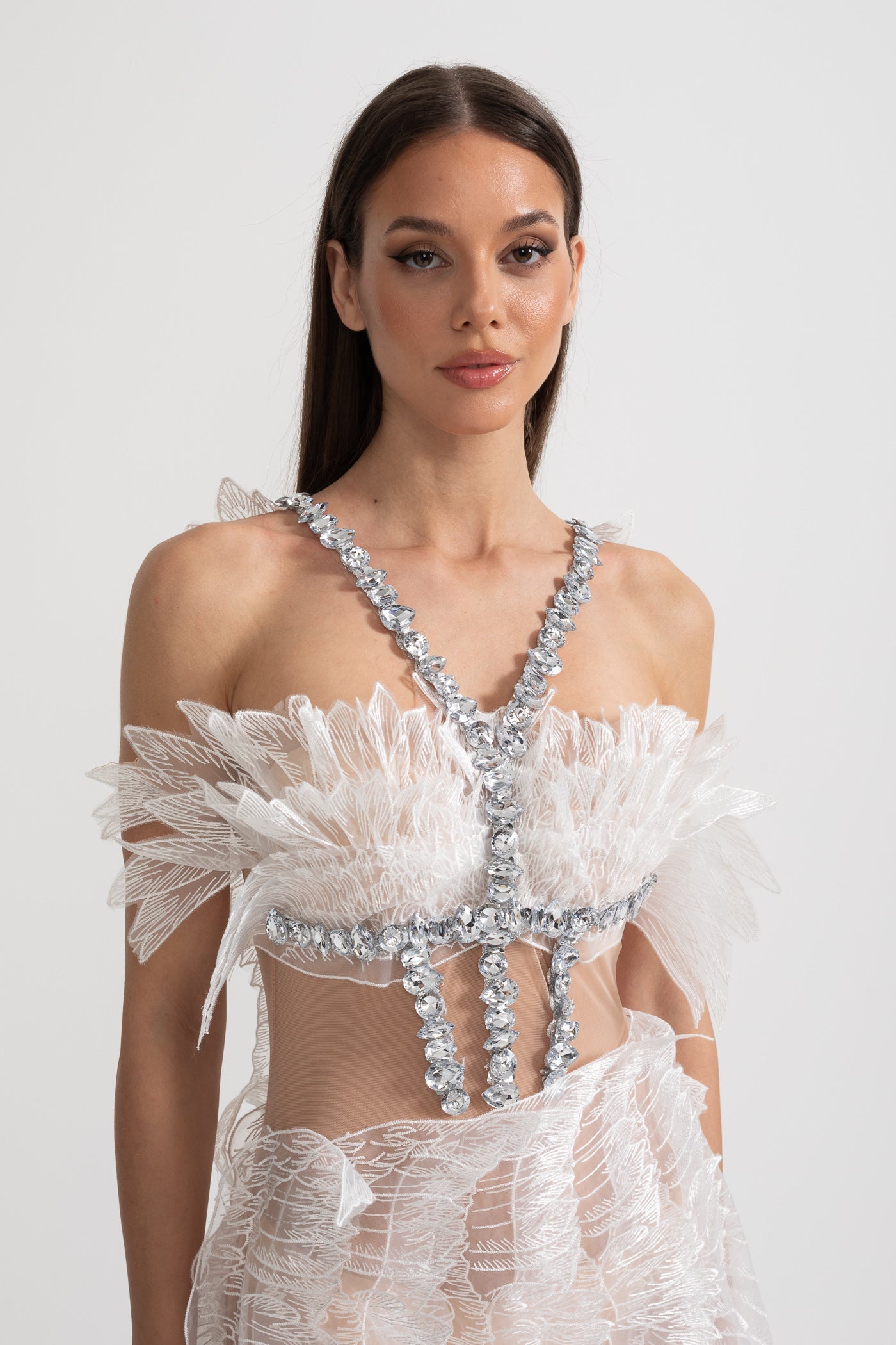 Ethereal Mini Dress With Sheer Wings Texture And Crystal Embellishments - White