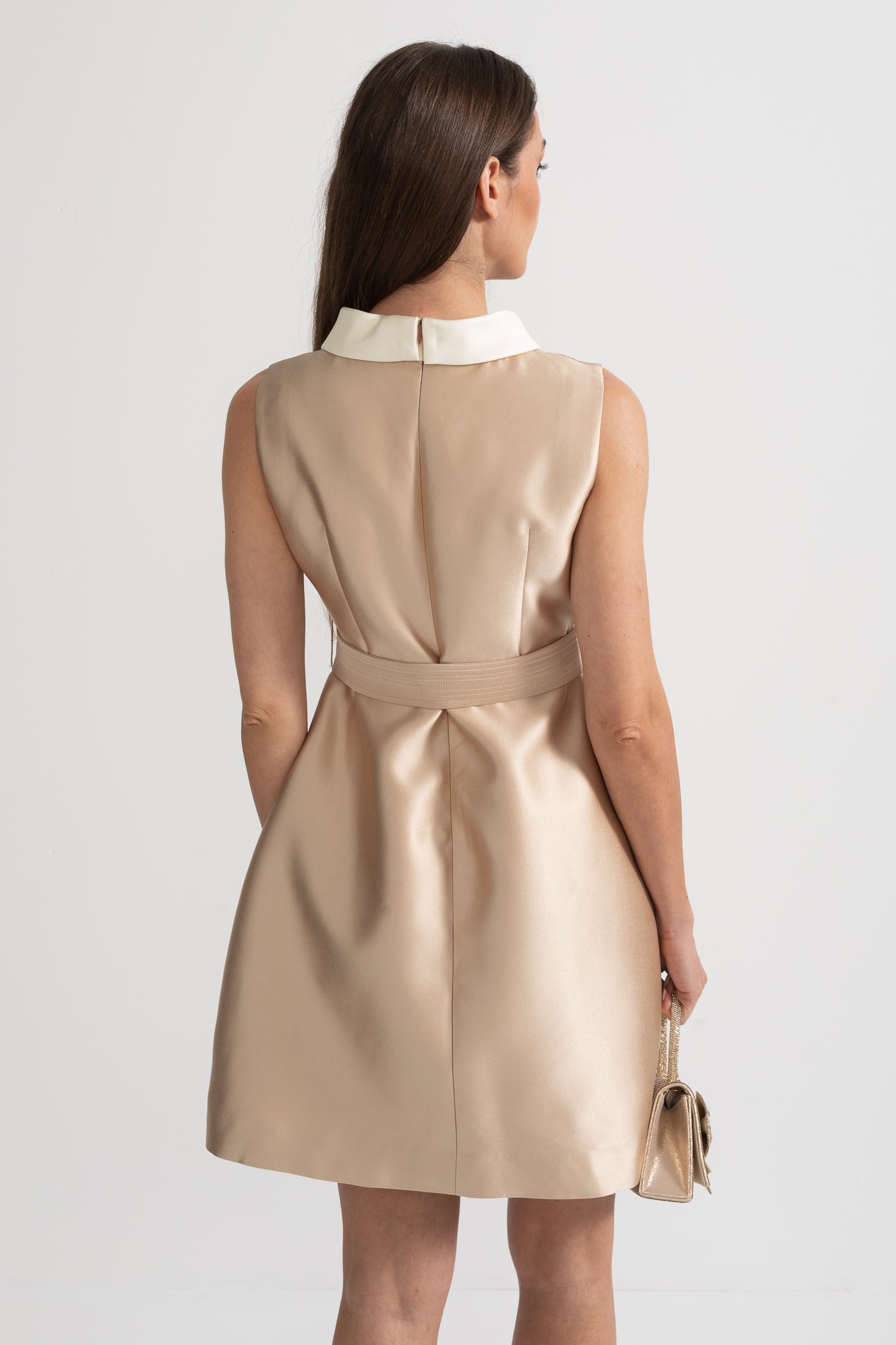 Satin Dress With Contrasting White Collar And Coordinated Matching Bow Belt - Beige