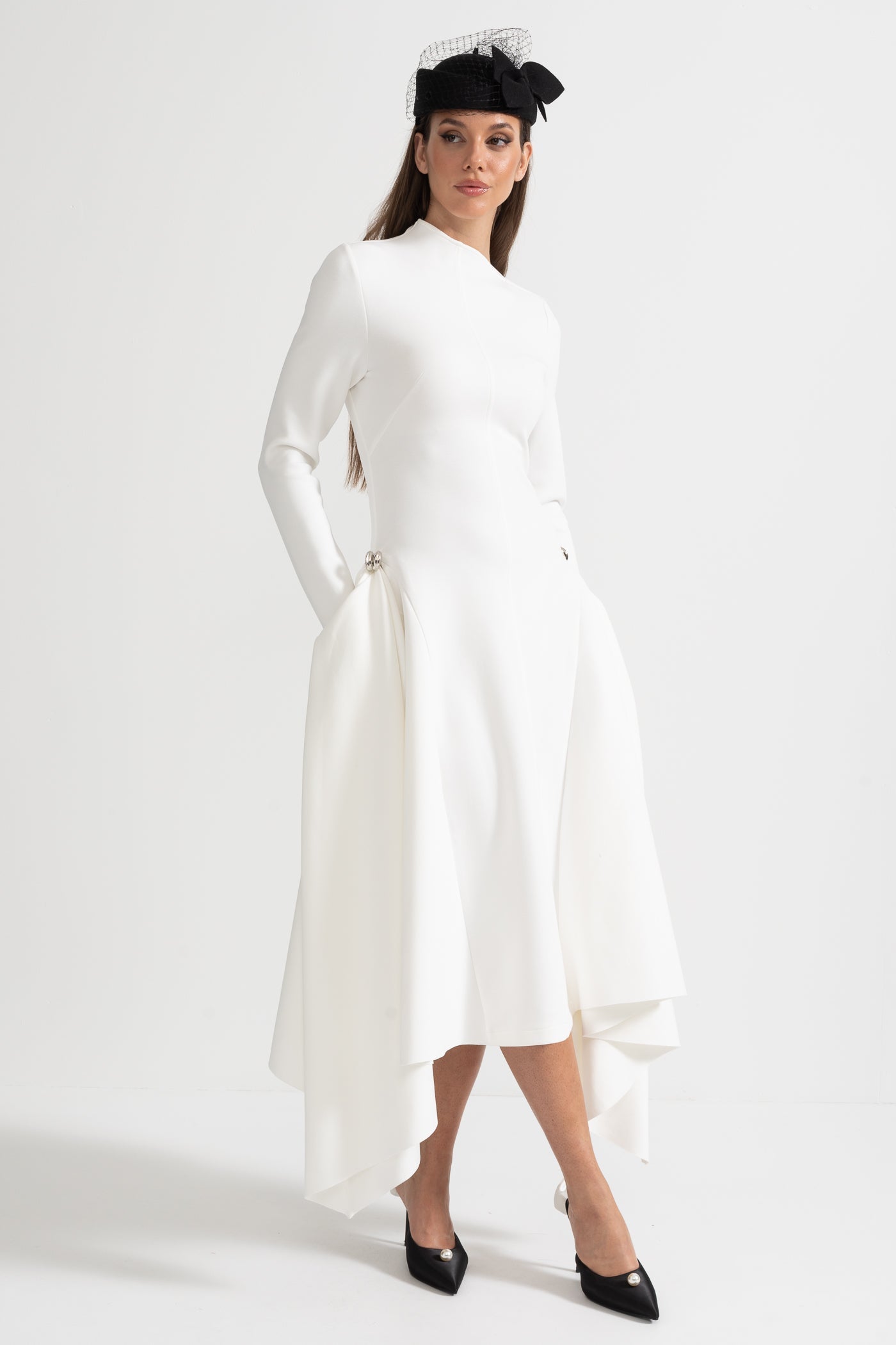 Long-Sleeved Dress With Asymmetrical Hem And Structured Silhouette - White