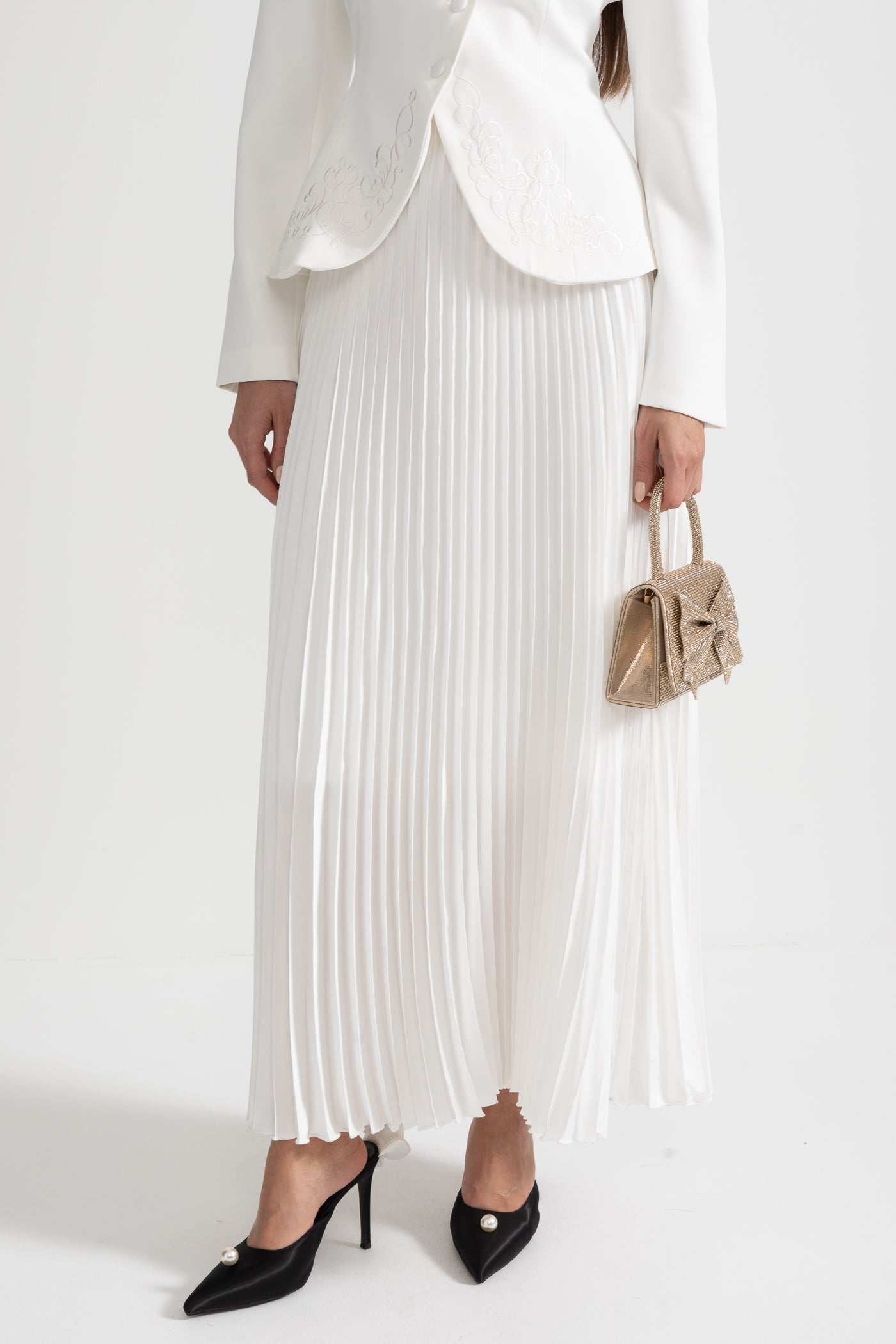 Pleated Skirt and Structured Jacket Co-Ord Set With Decorative Stitching - White