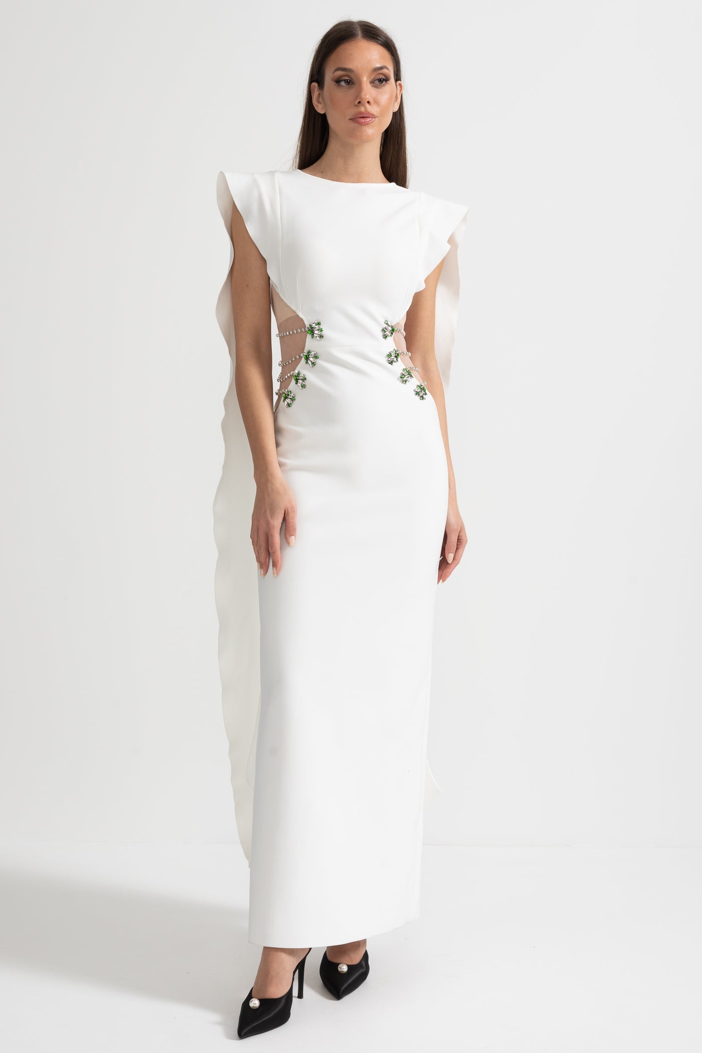 Embellished Cut-Out Maxi Dress with Statement Side Detailing - White