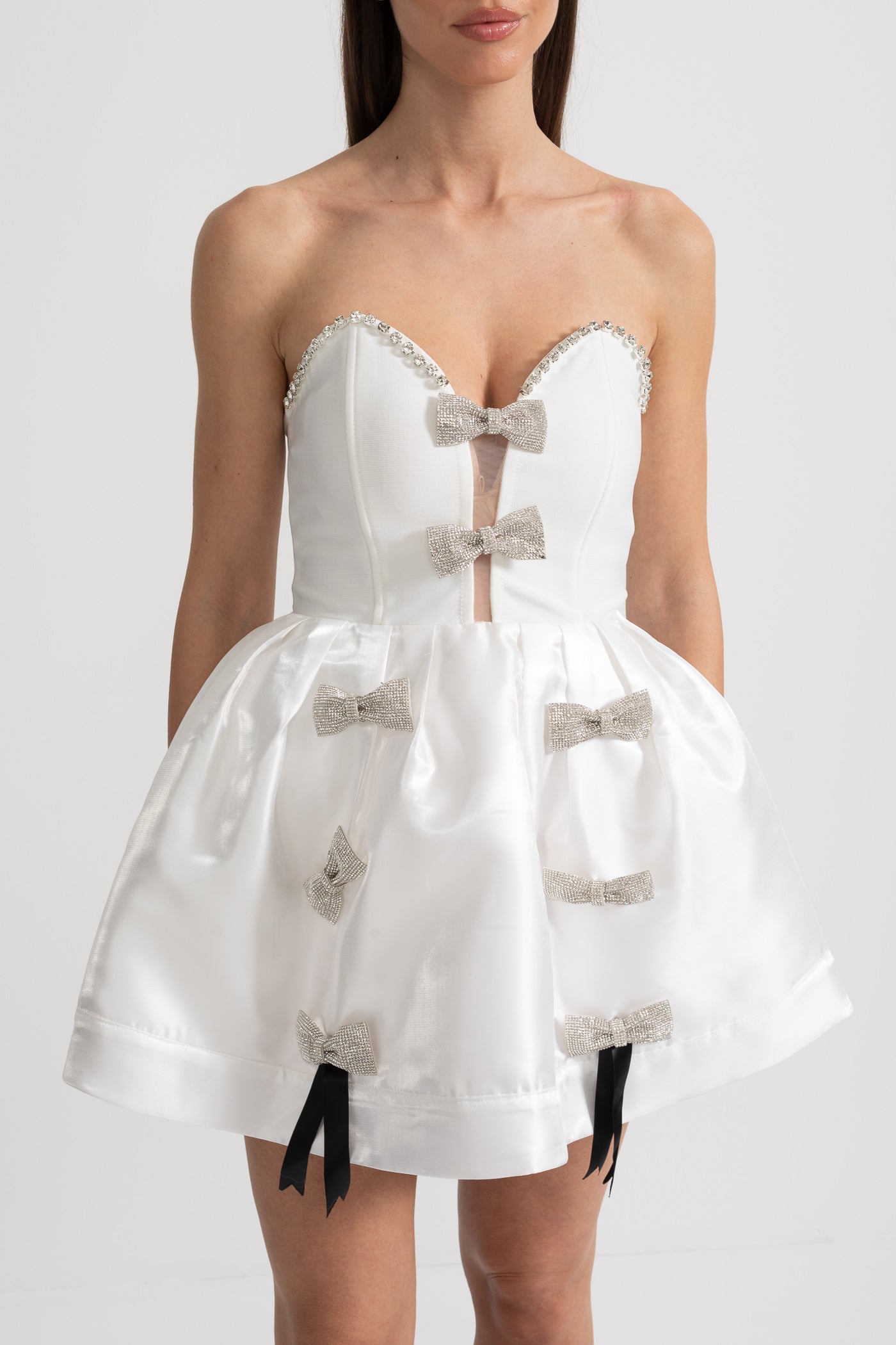 Strapless Mini Dress with Crystal Bow Embellishments - White