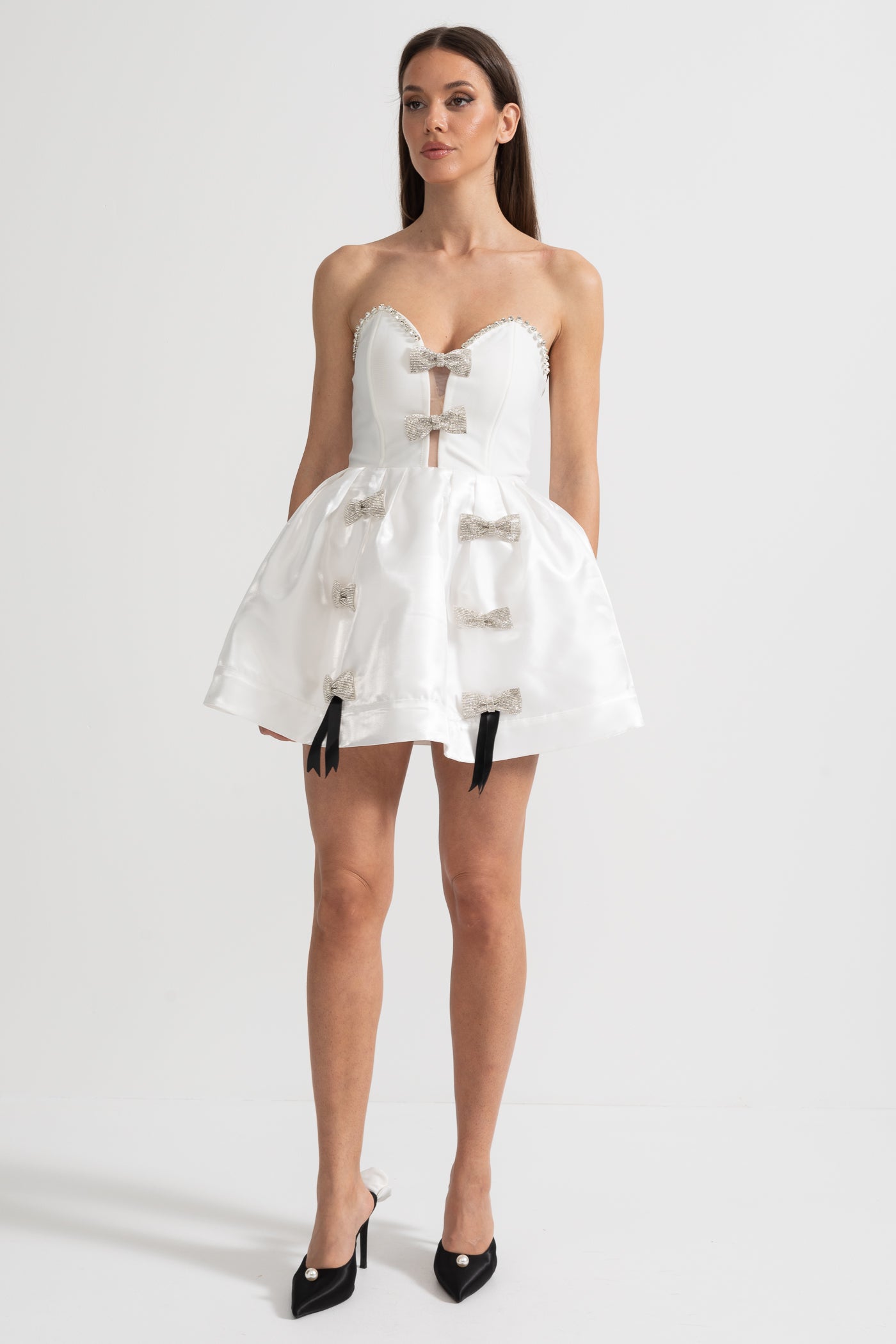 Strapless Mini Dress with Crystal Bow Embellishments - White