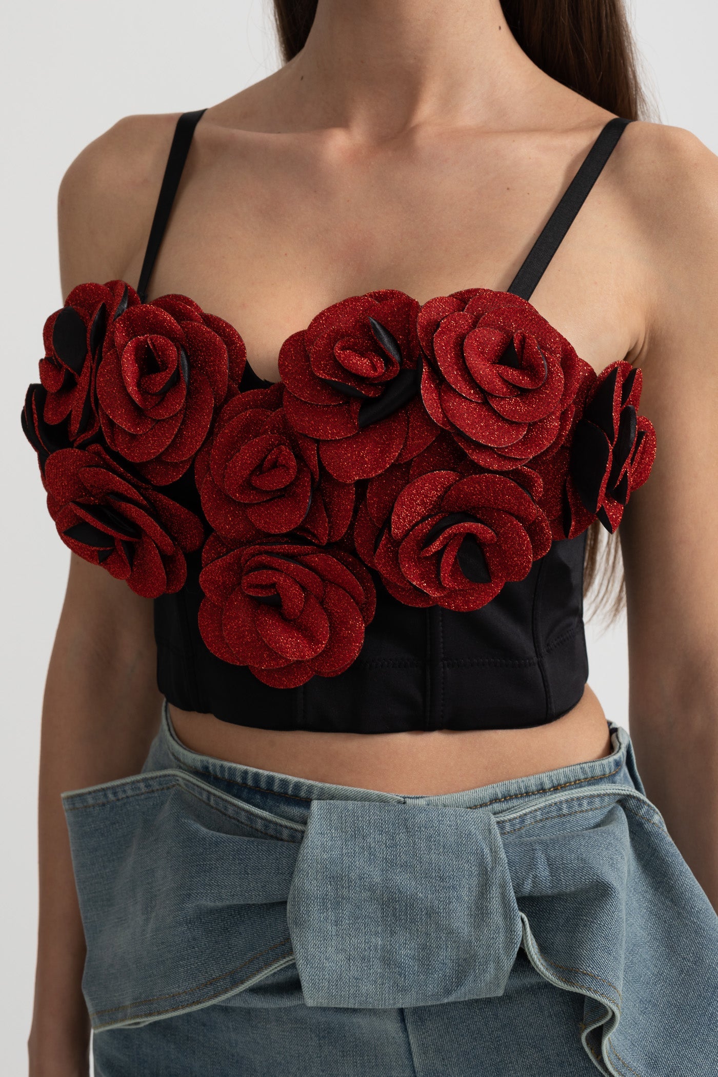 Corset Top with Red 3D Rose Appliqués - Black