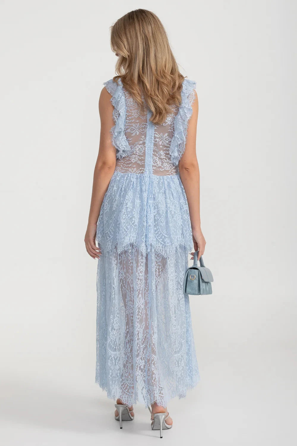 Elegant Vintage-Inspired Lace Dress With Ruffled Details And Layered Skirt - Blue