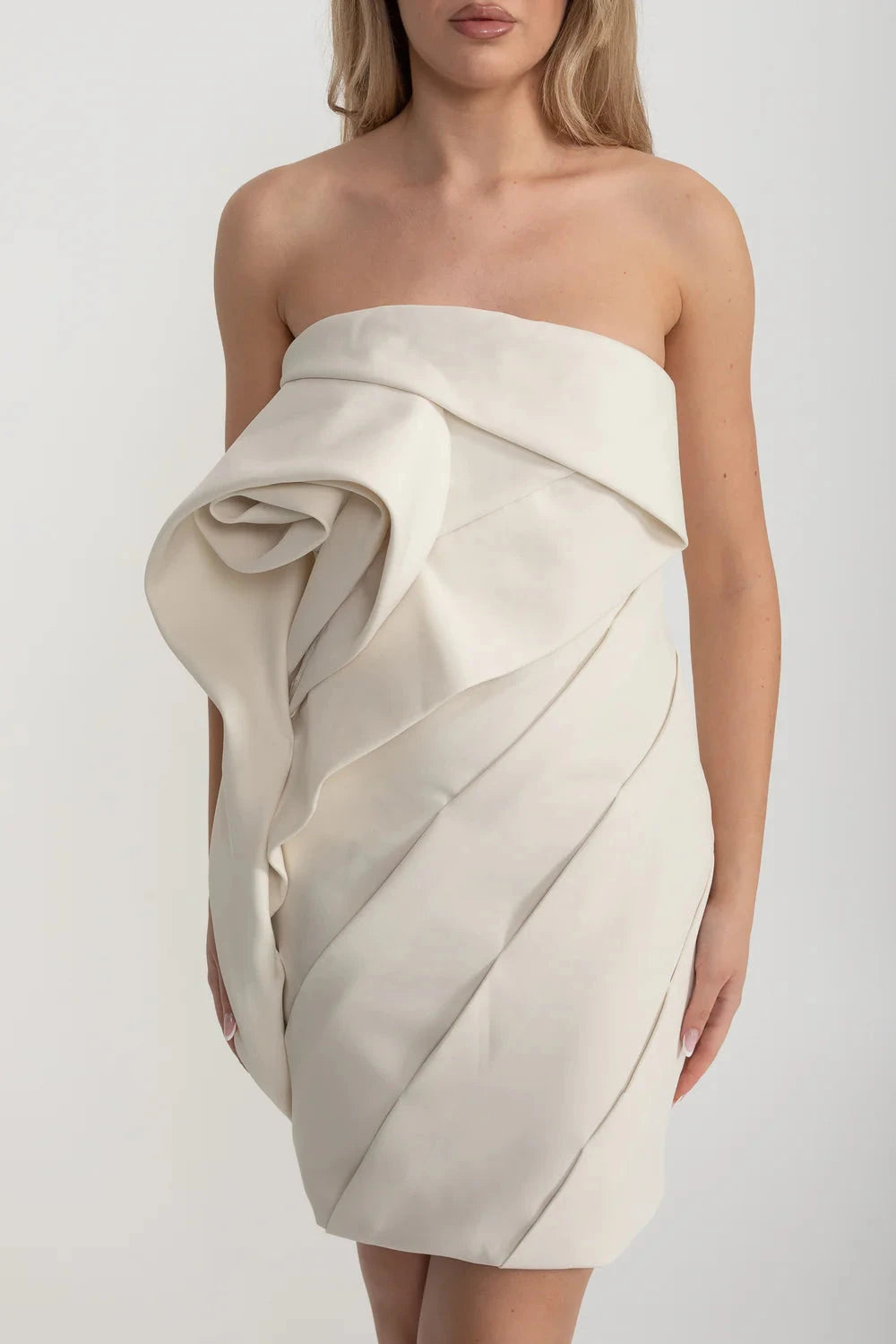 Fitted Mini Dress With Intricate Folds And Swirls - Beige