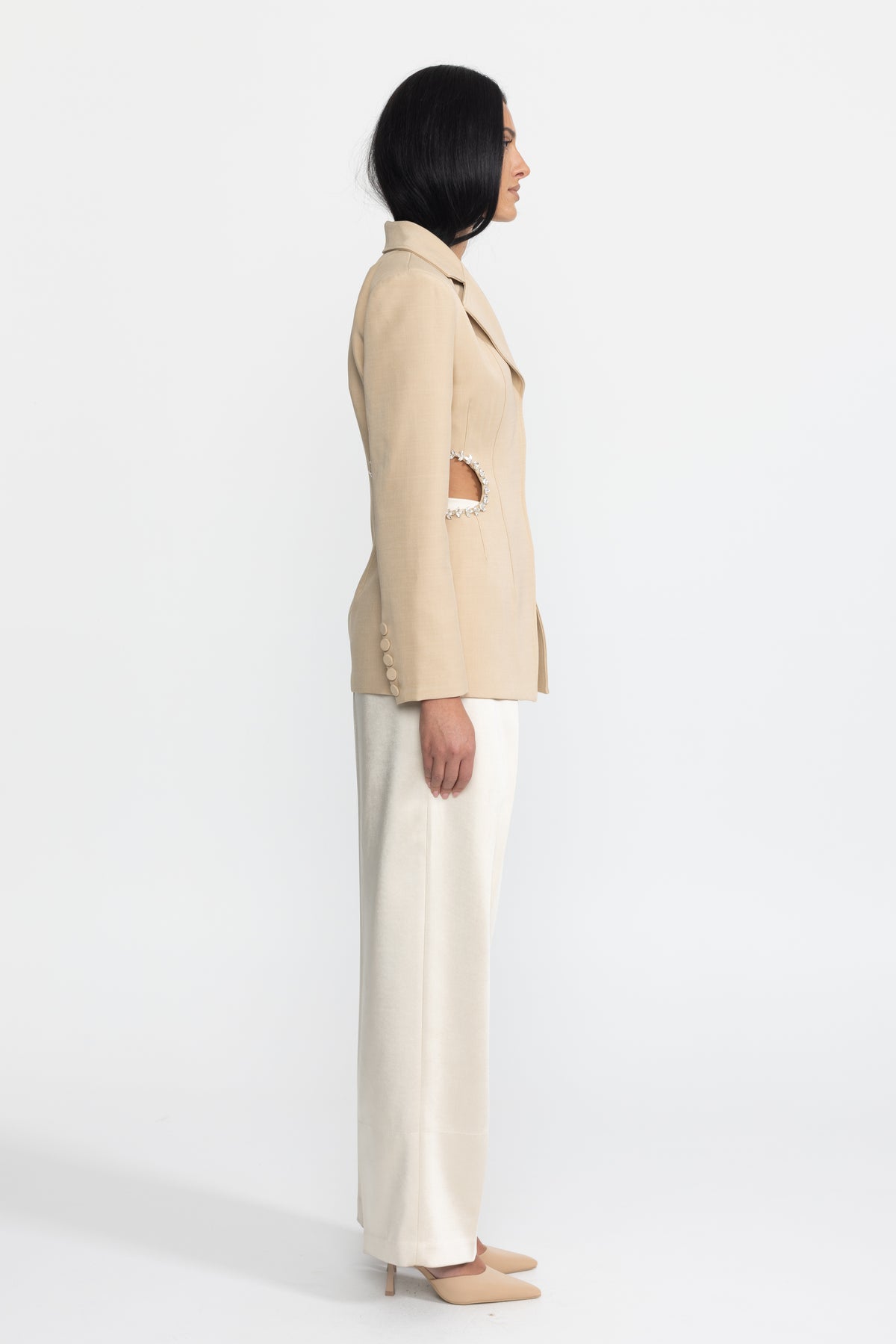 Crystal Trim Cutout Waist Tailored Blazer - Beige