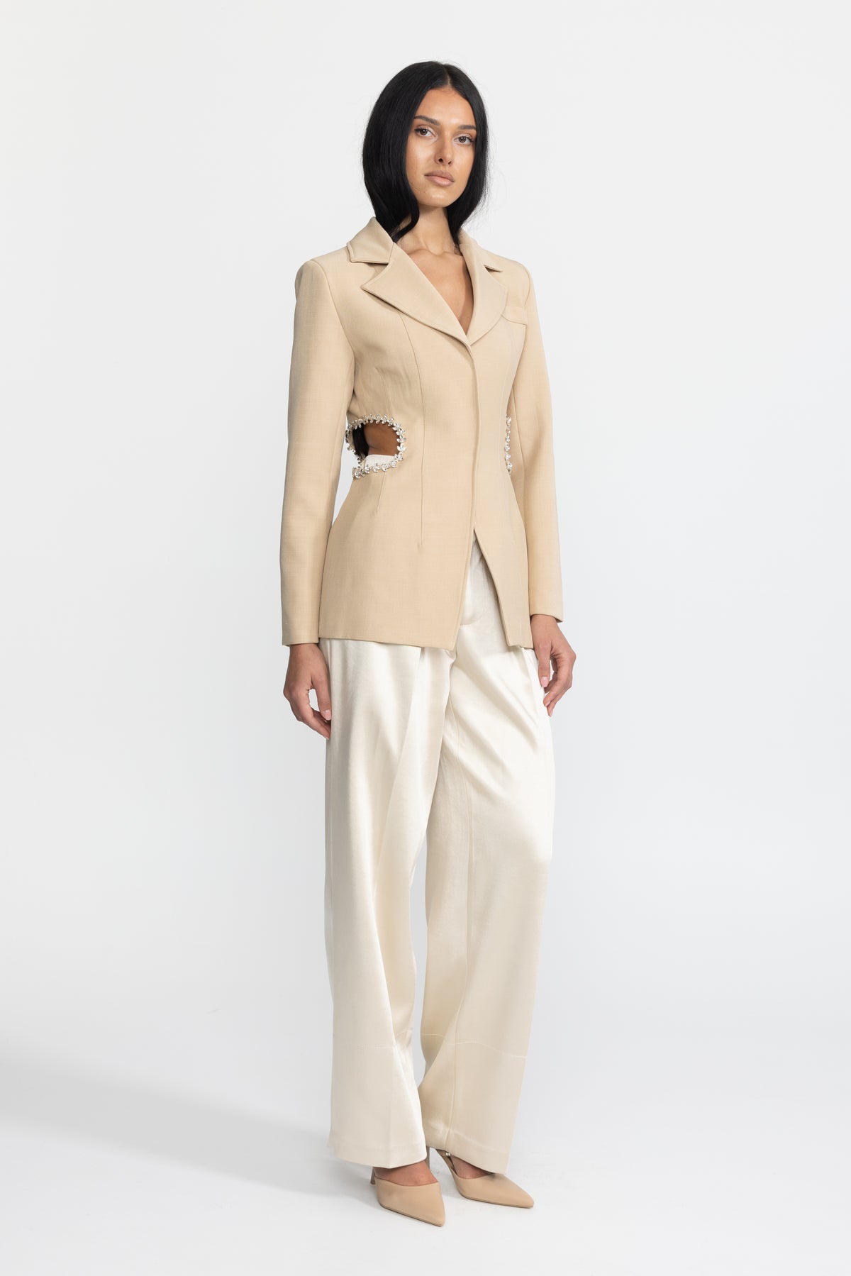 Crystal Trim Cutout Waist Tailored Blazer - Beige