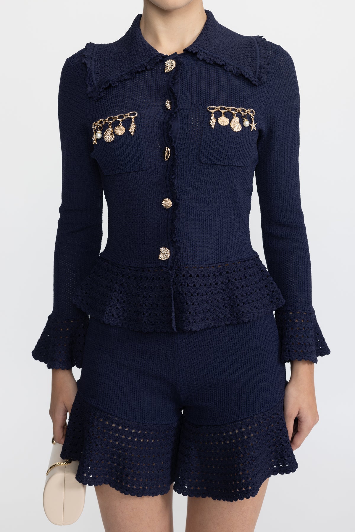 Charm Embellished Knit Peplum Cardigan and Ruffle Shorts Co-ord Set - Navy