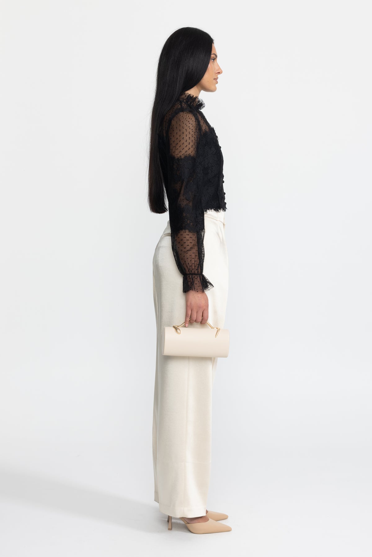 Ruffle Neck Lace and Dot Mesh Cropped Blouse - Black