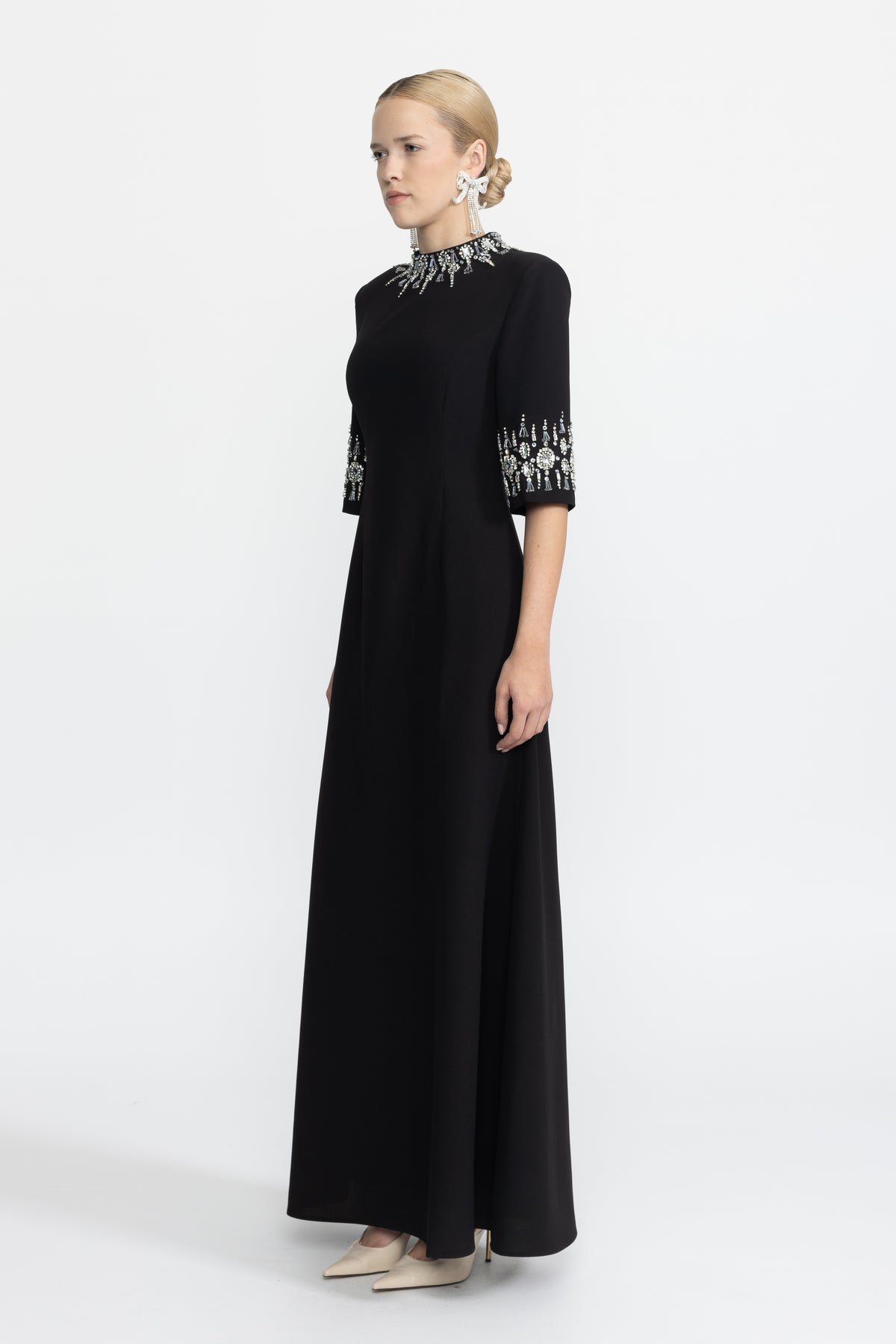 Crystal Embellished Collar and Cuff Maxi Dress - Black