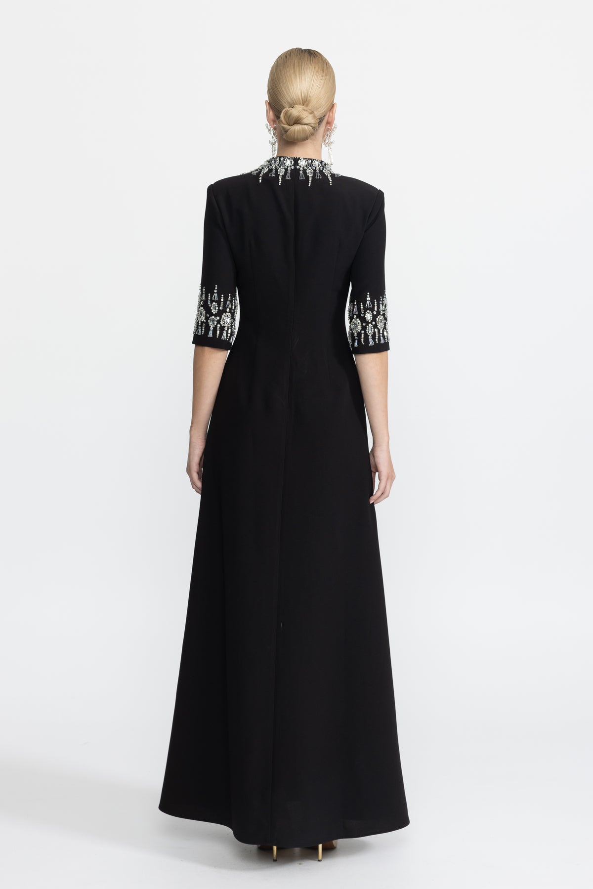 Crystal Embellished Collar and Cuff Maxi Dress - Black