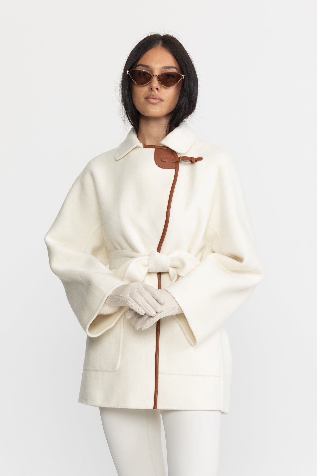 Faux Leather Trim Belted Wool Jacket - Off-White