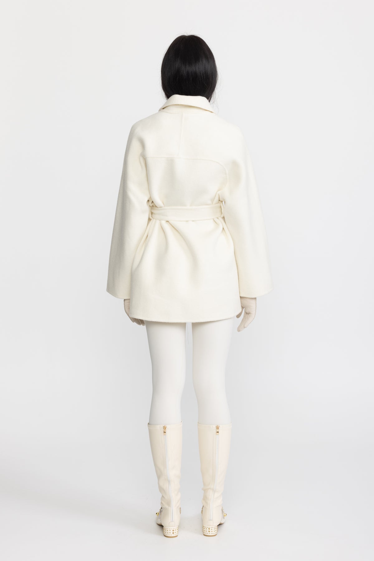 Faux Leather Trim Belted Wool Jacket - Off-White