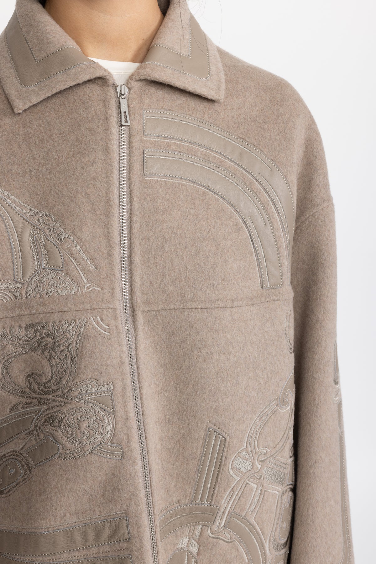 Equestrian Applique Embroidered Wool Zip Coat - Taupe