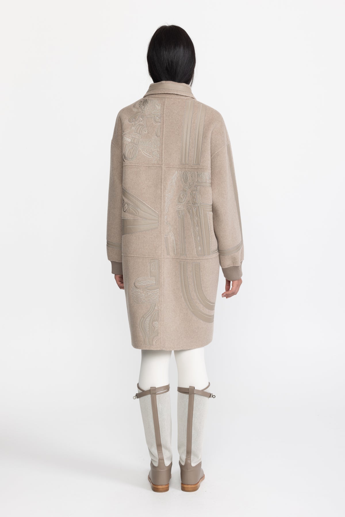 Equestrian Applique Embroidered Wool Zip Coat - Taupe
