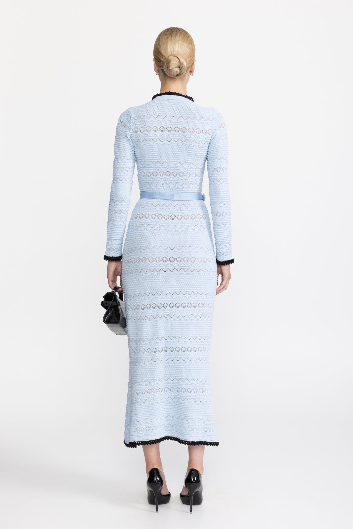 Crochet Trim Knit Button Midi Dress with Flower Brooch - Light Blue