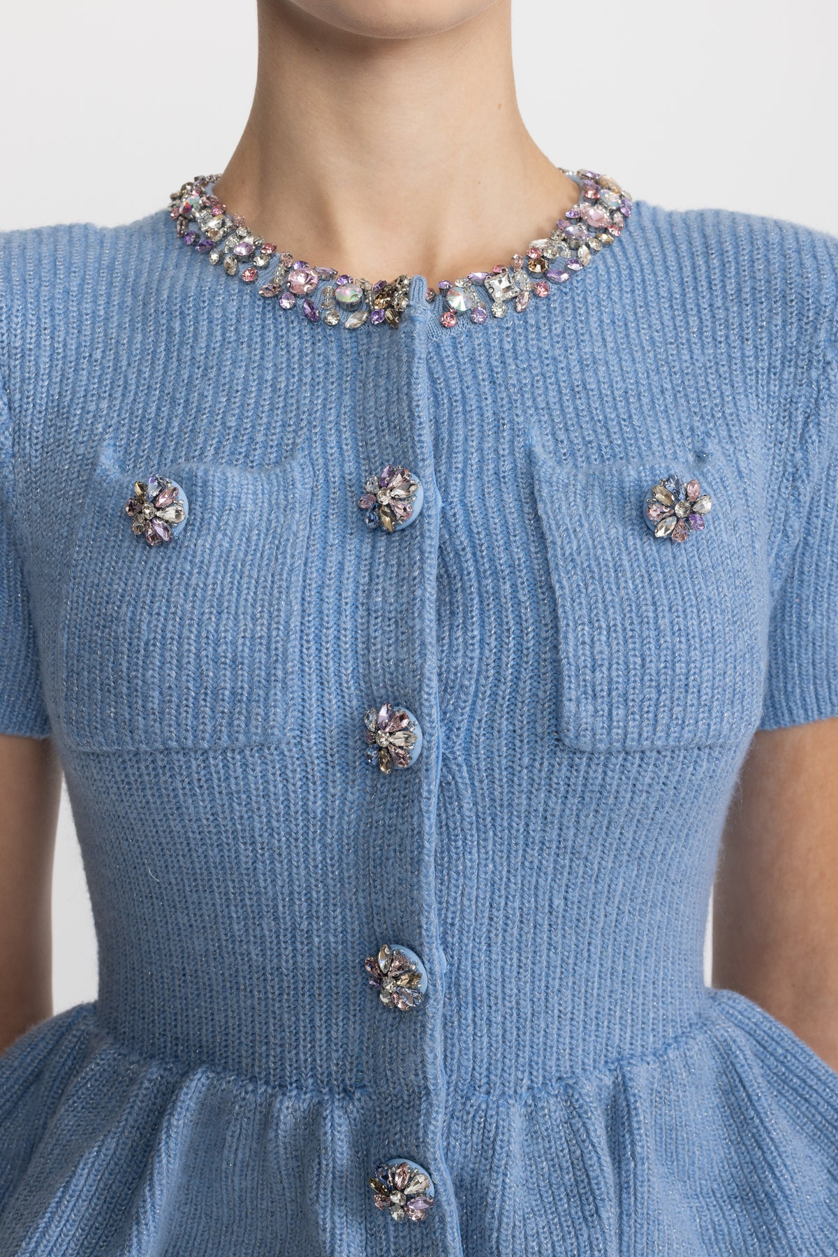 Crystal Embellished Knit Peplum Midi Dress - Light Blue