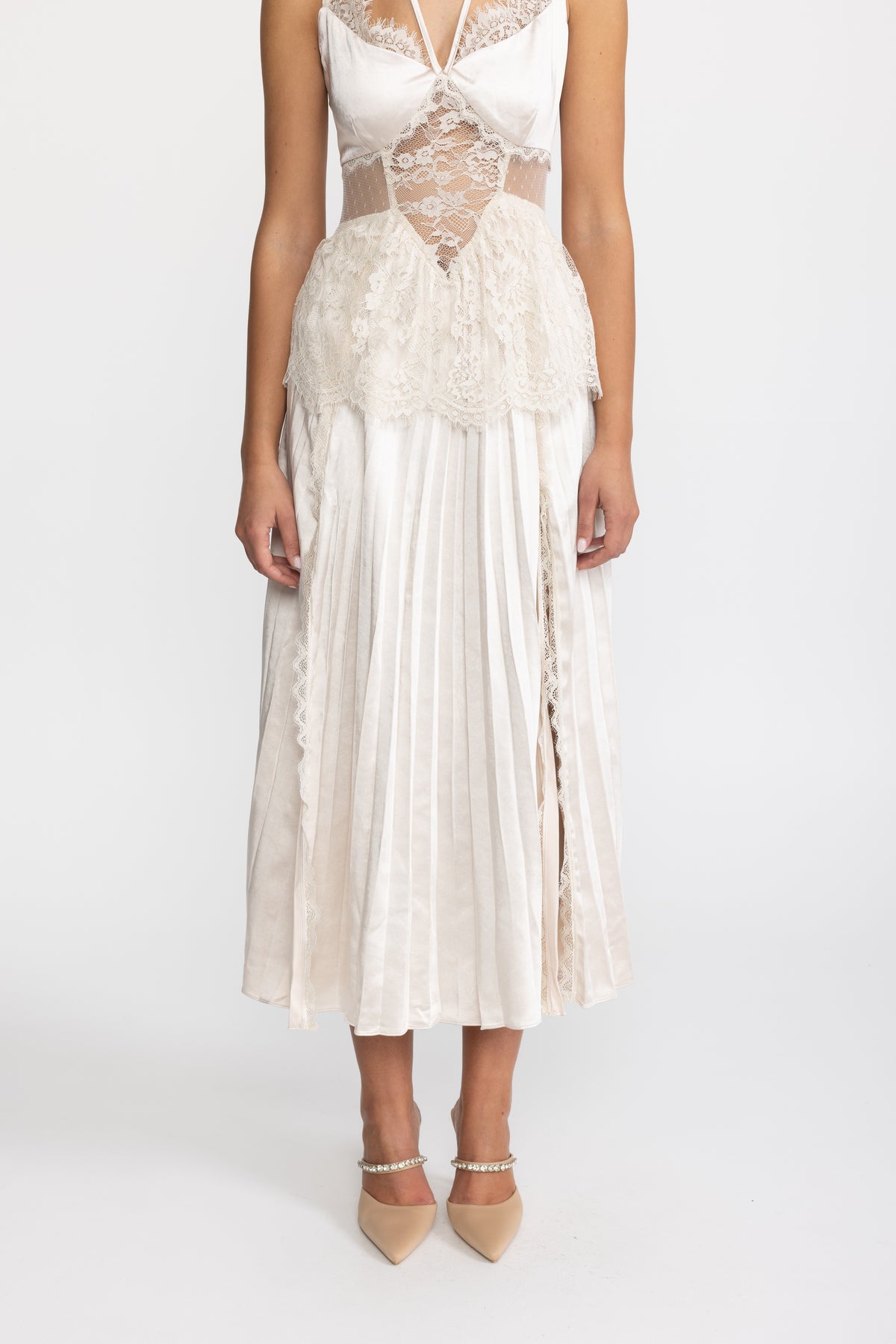 Lace Insert Satin Halter Pleated Midi Dress - Ivoire