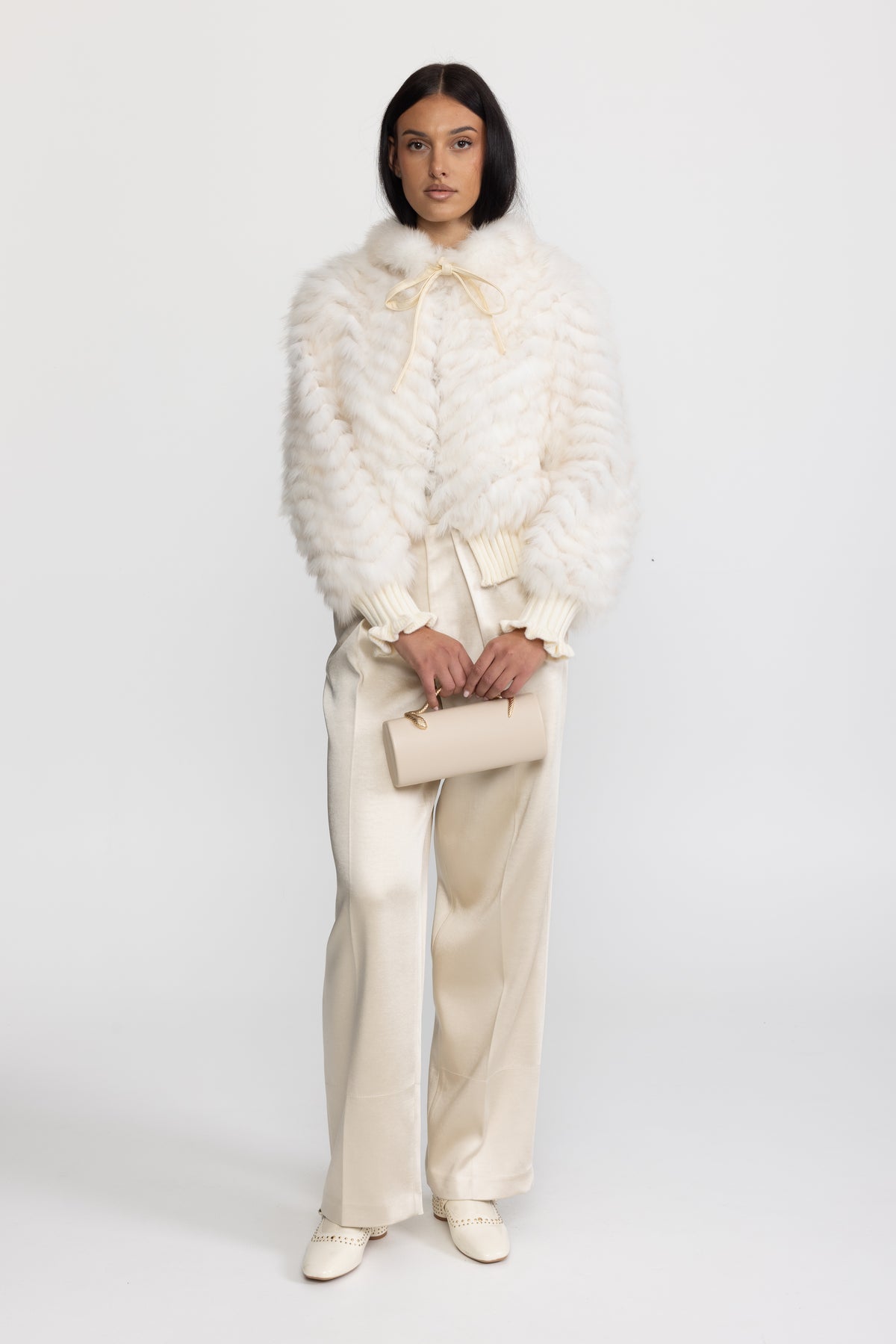 Knitted Fox Fur Bomber Jacket with Tie Neck - Ivoire