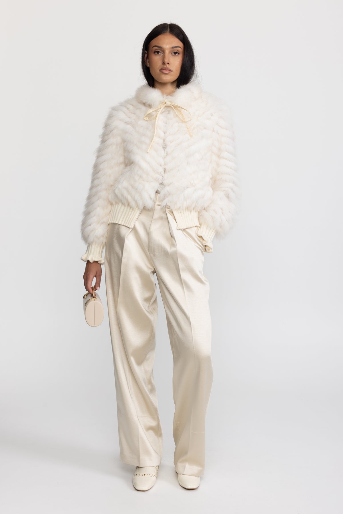 Knitted Fox Fur Bomber Jacket with Tie Neck - Ivoire