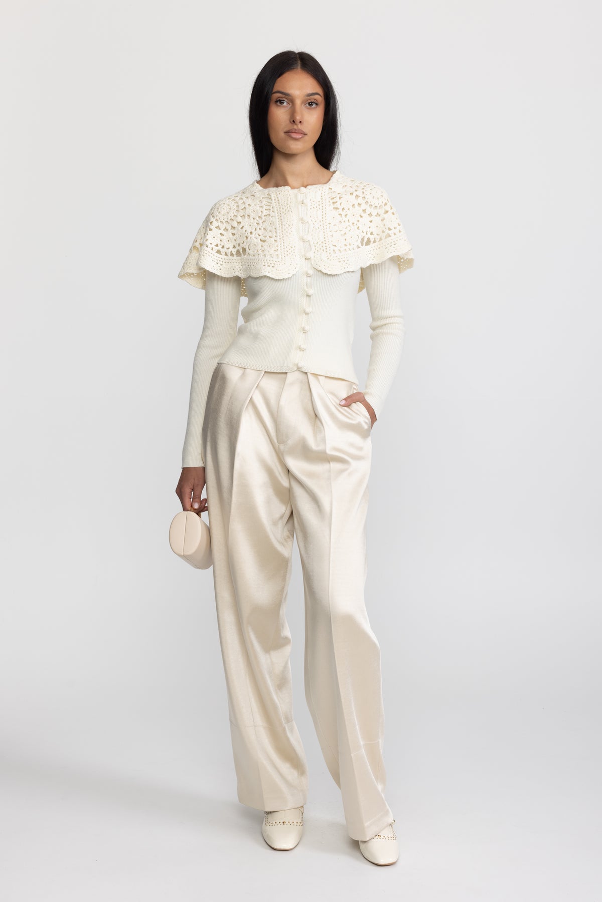 Crochet Capelet Collar Rib Knit Cardigan - Ivoire