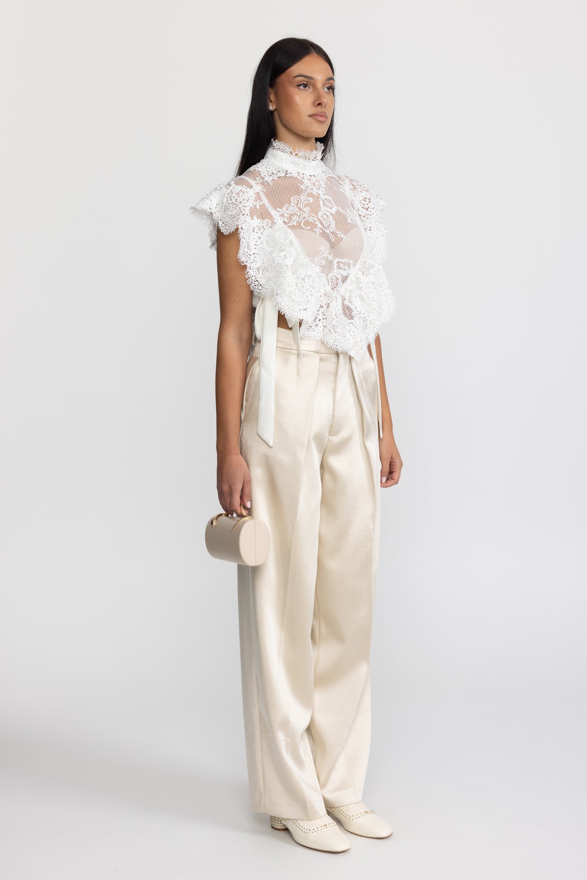 Sheer Lace Ruffle Mock Neck Top - White