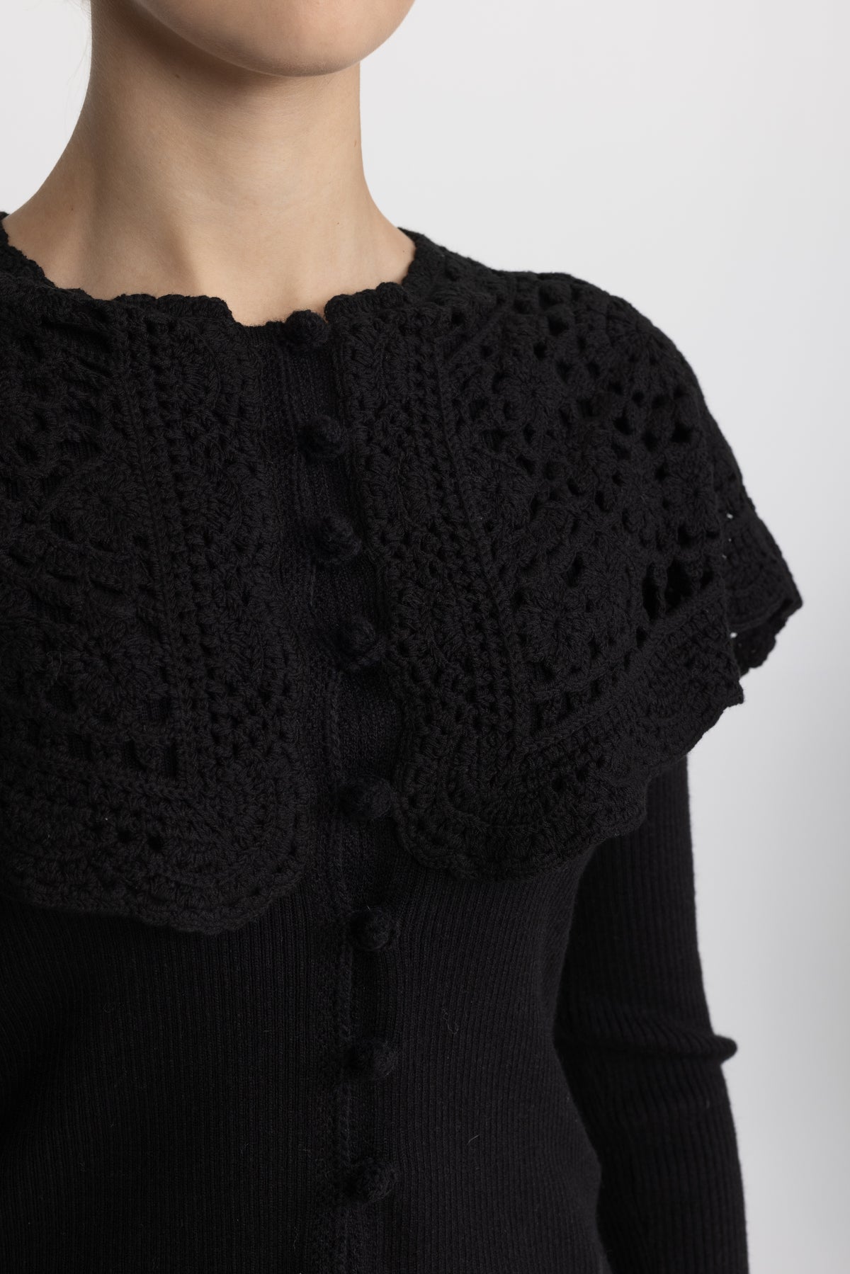 Crochet Capelet Collar Rib Knit Cardigan - Black