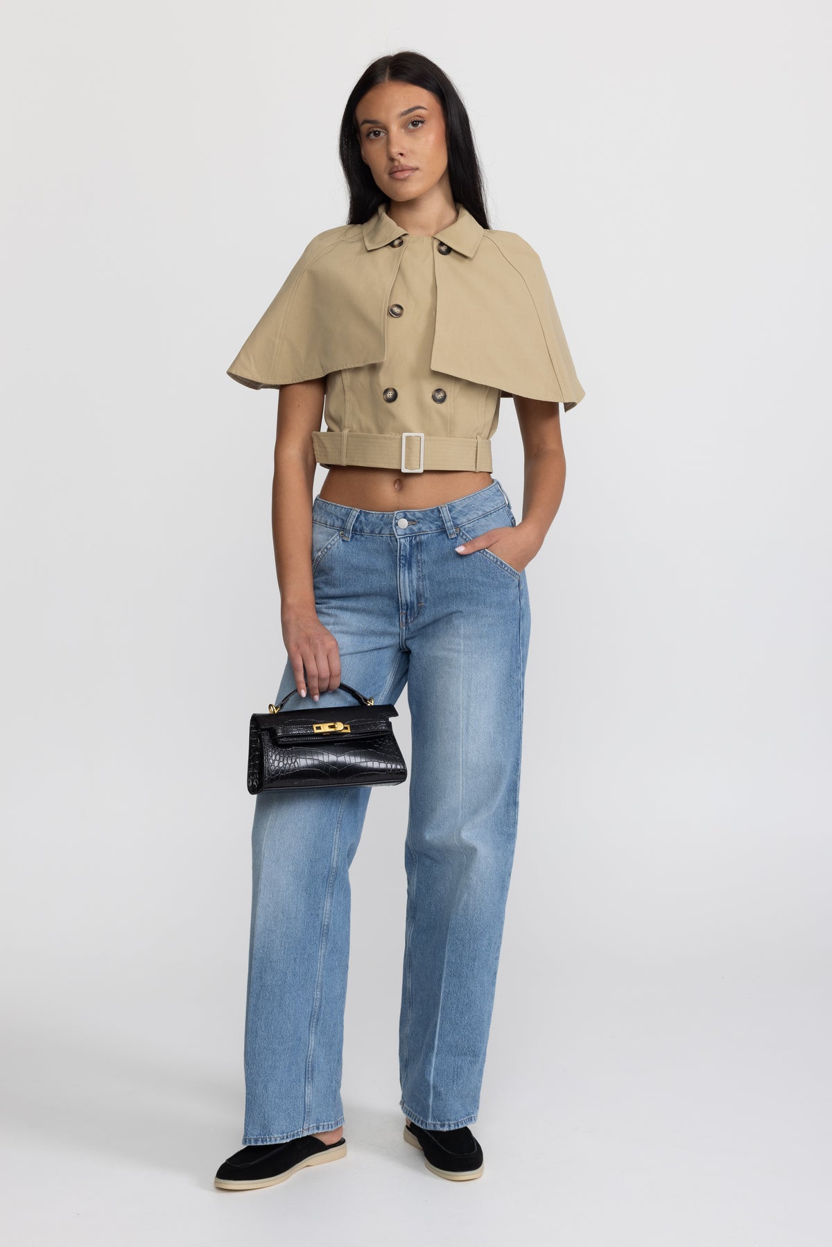 Cropped Trench Cape Top with Belt - Khaki