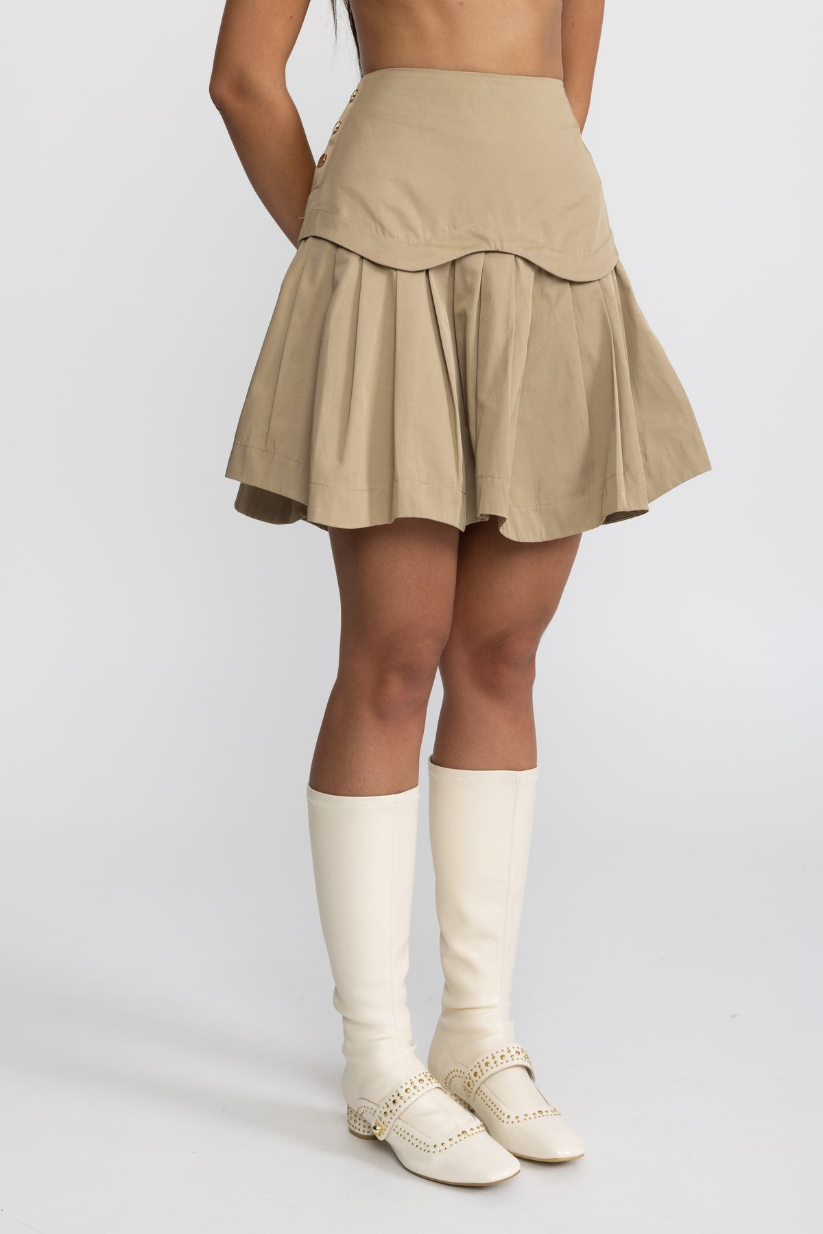 Scalloped Yoke Pleated Mini Skirt - Khaki