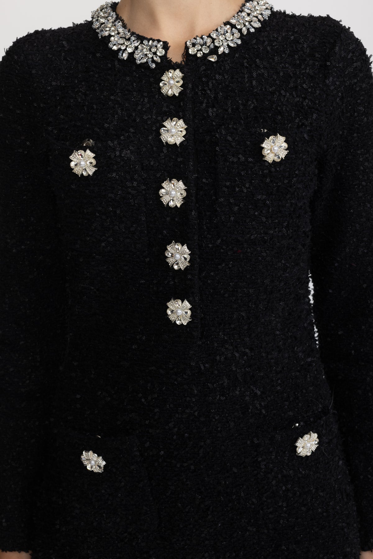 Crystal Embellished Bouclé Knit Mini Dress - Black